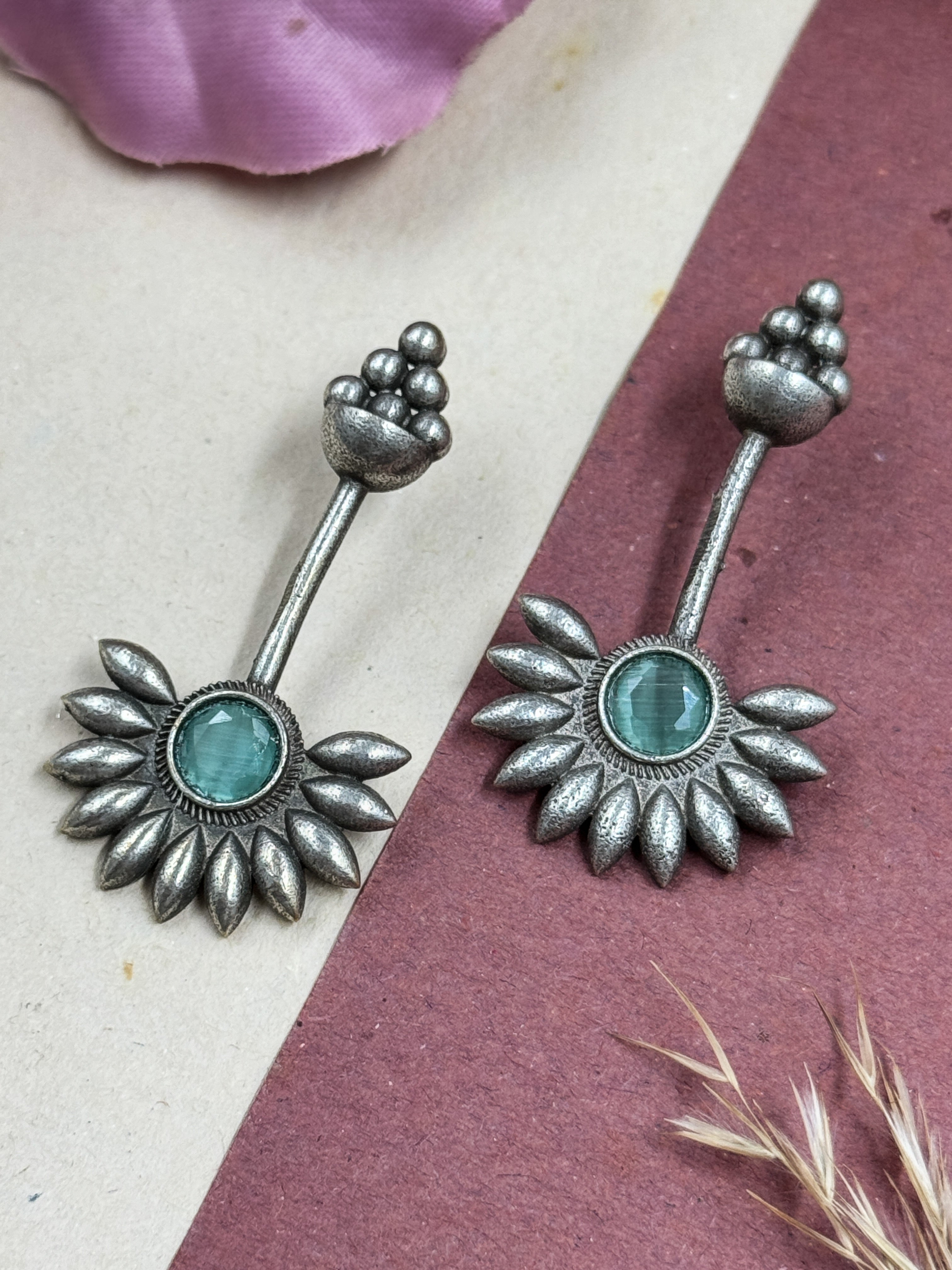 Oxidised Jhumka Earrings, Sunflower Barrel Stud, Green