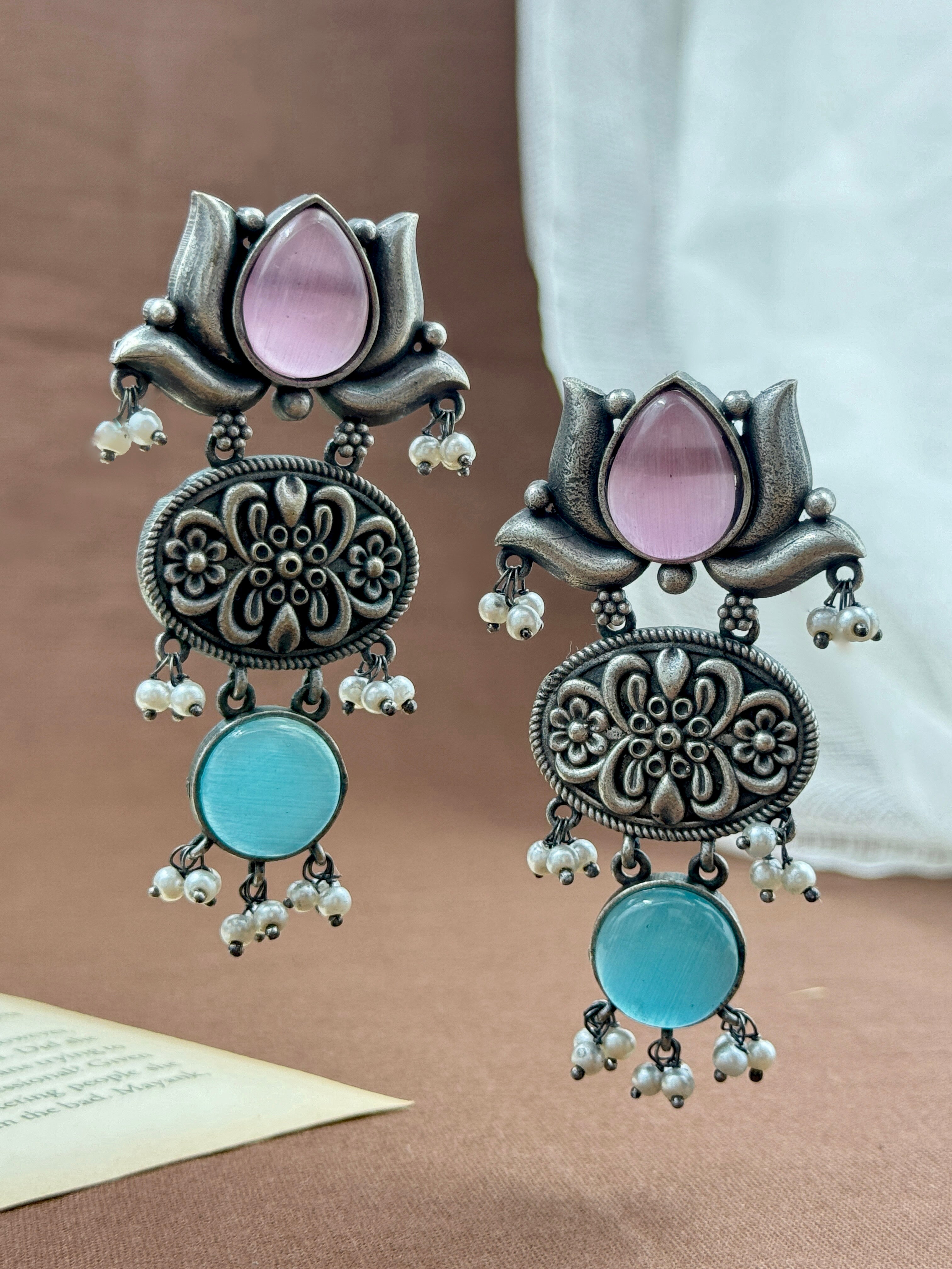 lotus earrings, oxidised earrings, white pearl earrings, silver oxidized earrings, kundan earrings, monalisa stone earrings, turquoise pink earrings