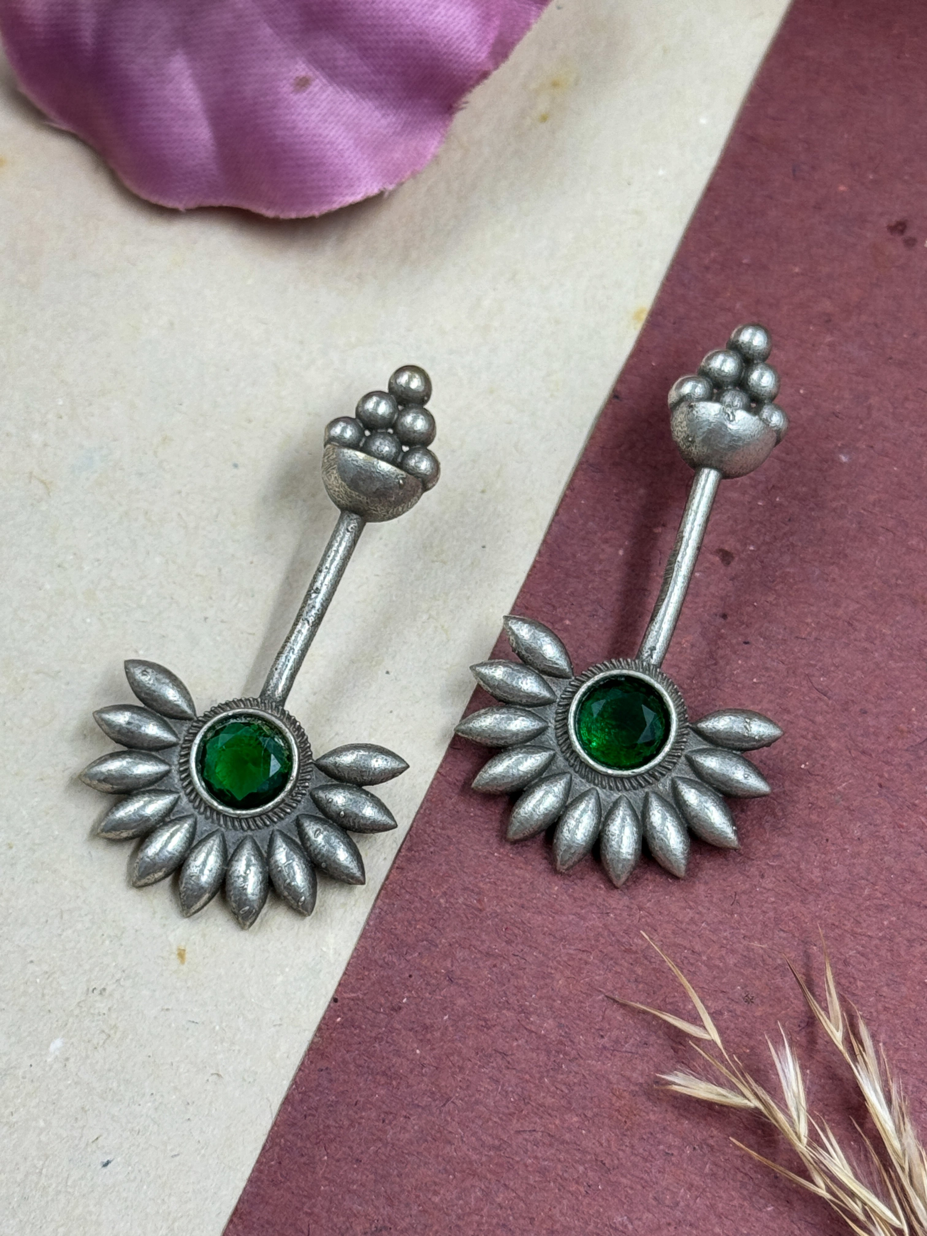 Oxidised Jhumka Earrings, Sunflower Barrel Stud, Green