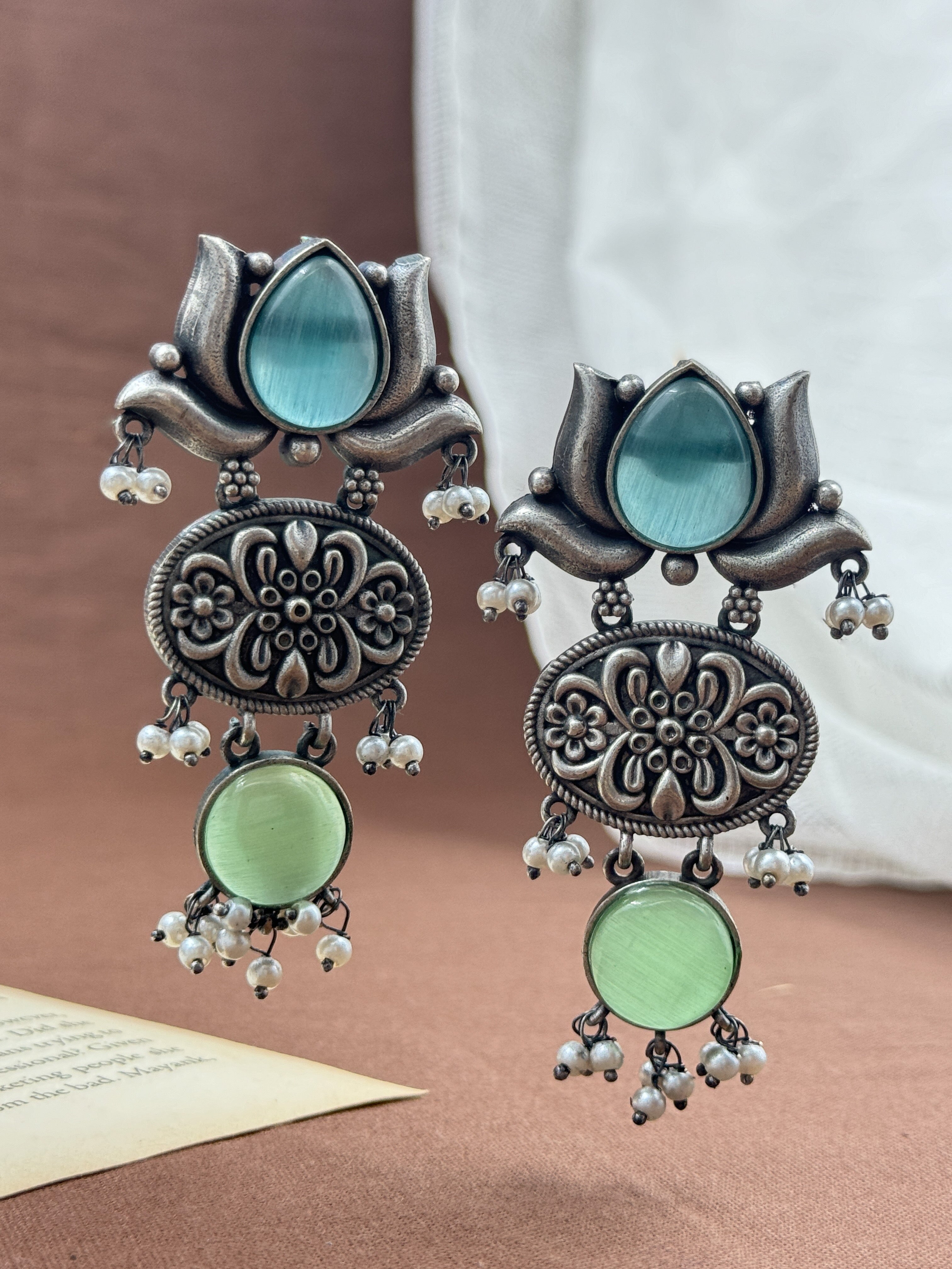 lotus earrings, oxidised earrings, white pearl earrings, silver oxidized earrings, kundan earrings, monalisa stone earrings, turquoise mint green earrings