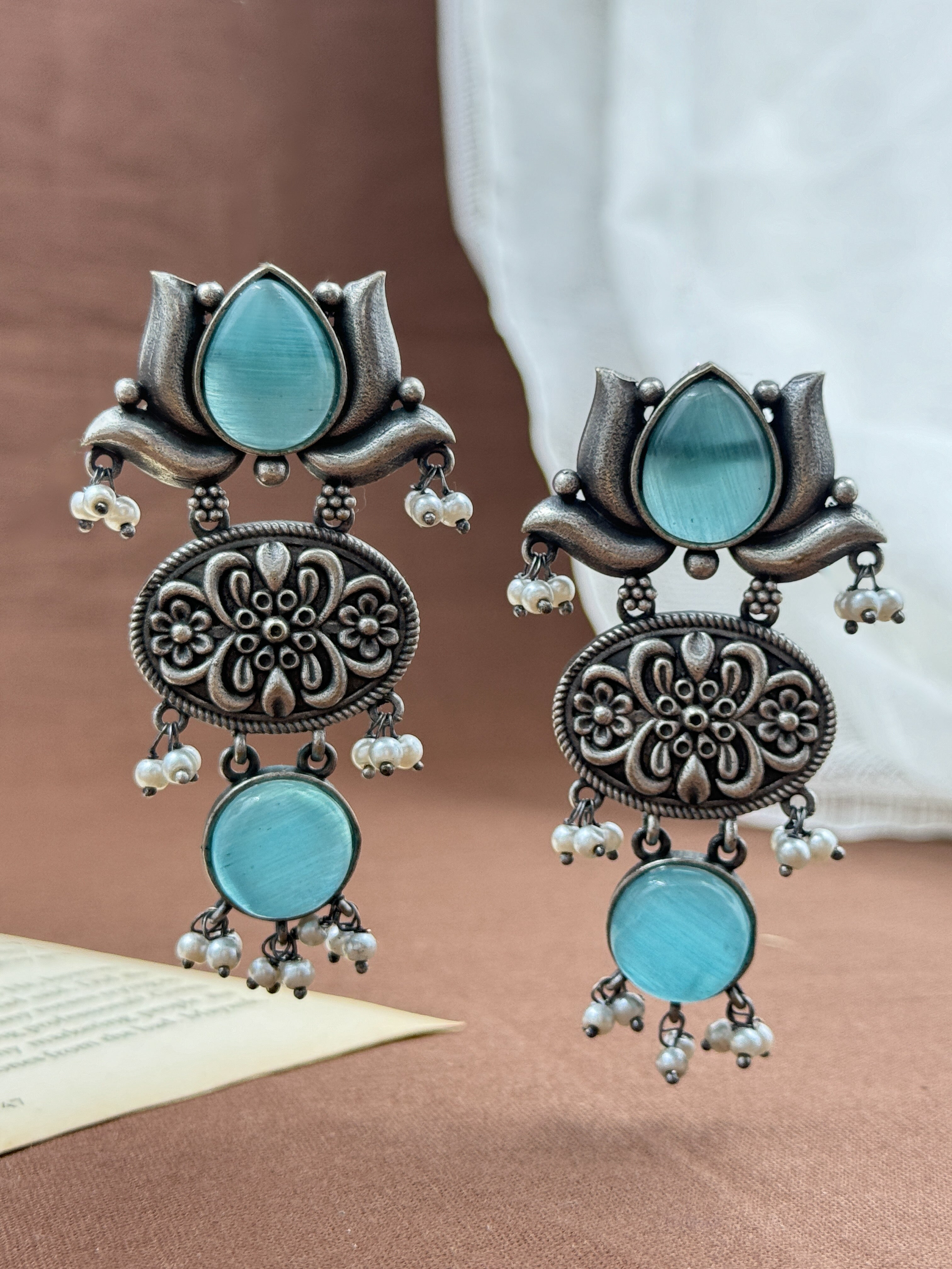 lotus earrings, oxidised earrings, white pearl earrings, silver oxidized earrings, kundan earrings, monalisa stone earrings, turquoise kundan earrings