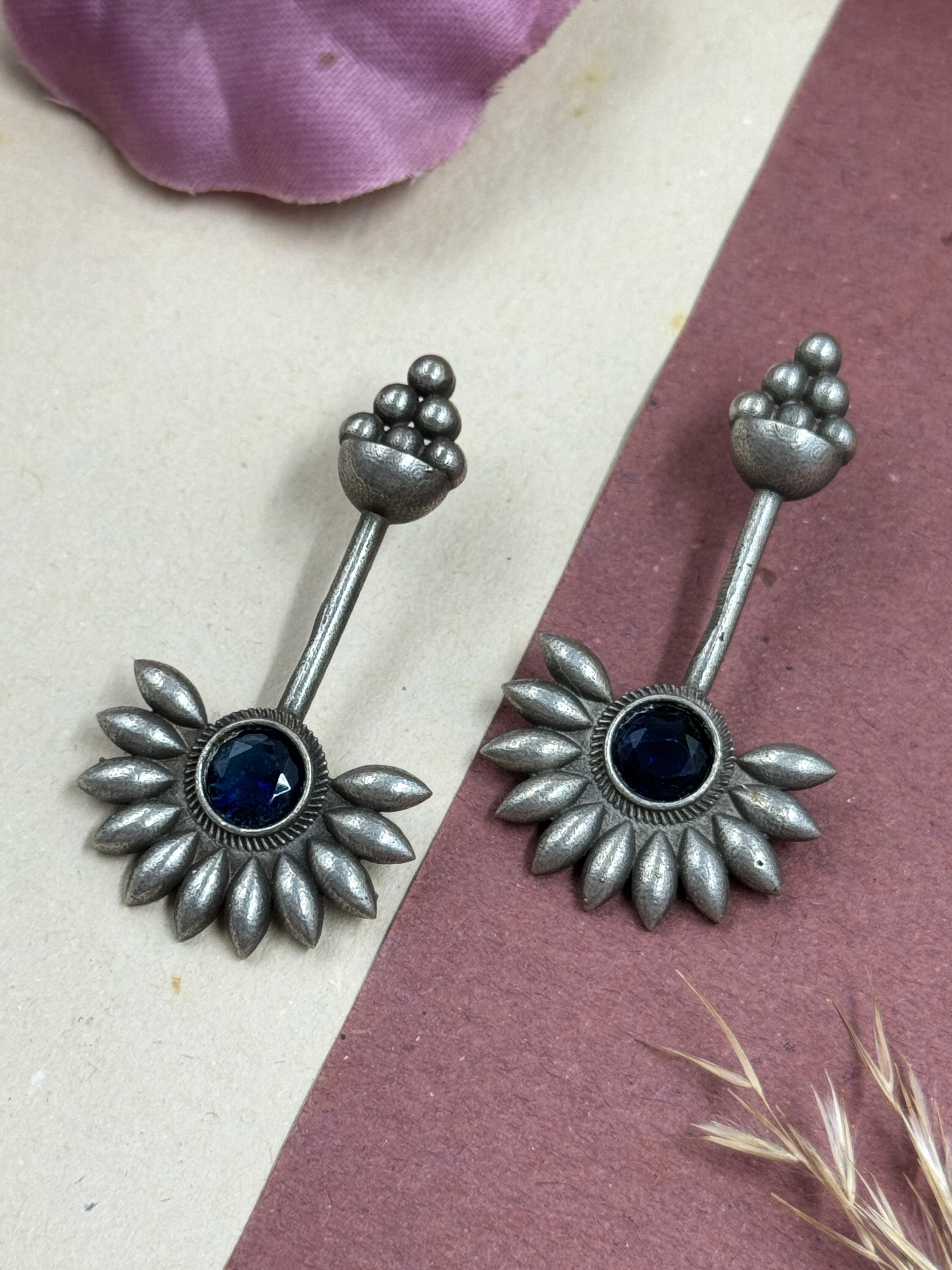 Oxidised Jhumka Earrings, Sunflower Barrel Stud, Green