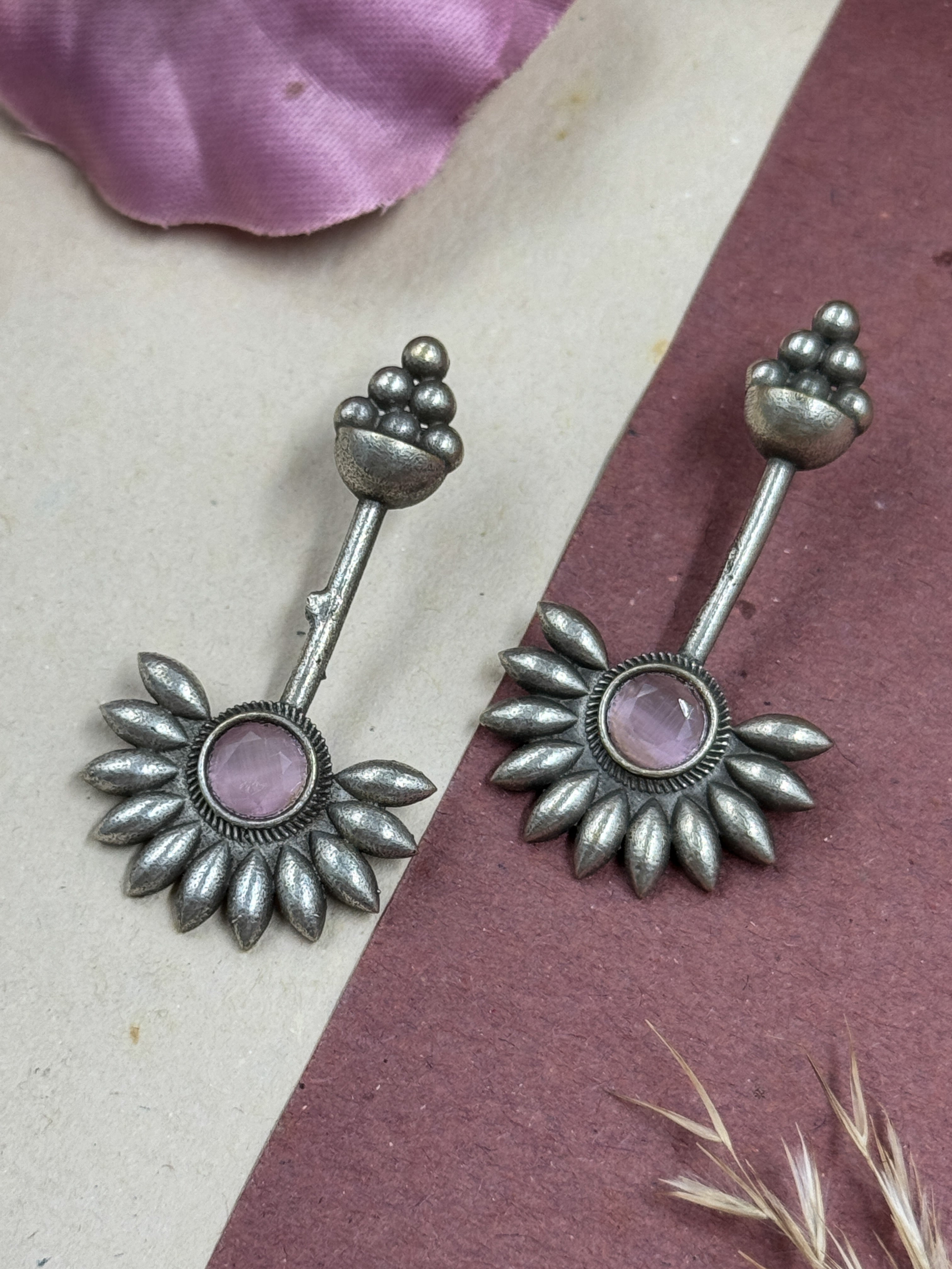 Oxidised Jhumka Earrings, Sunflower Barrel Stud, Green