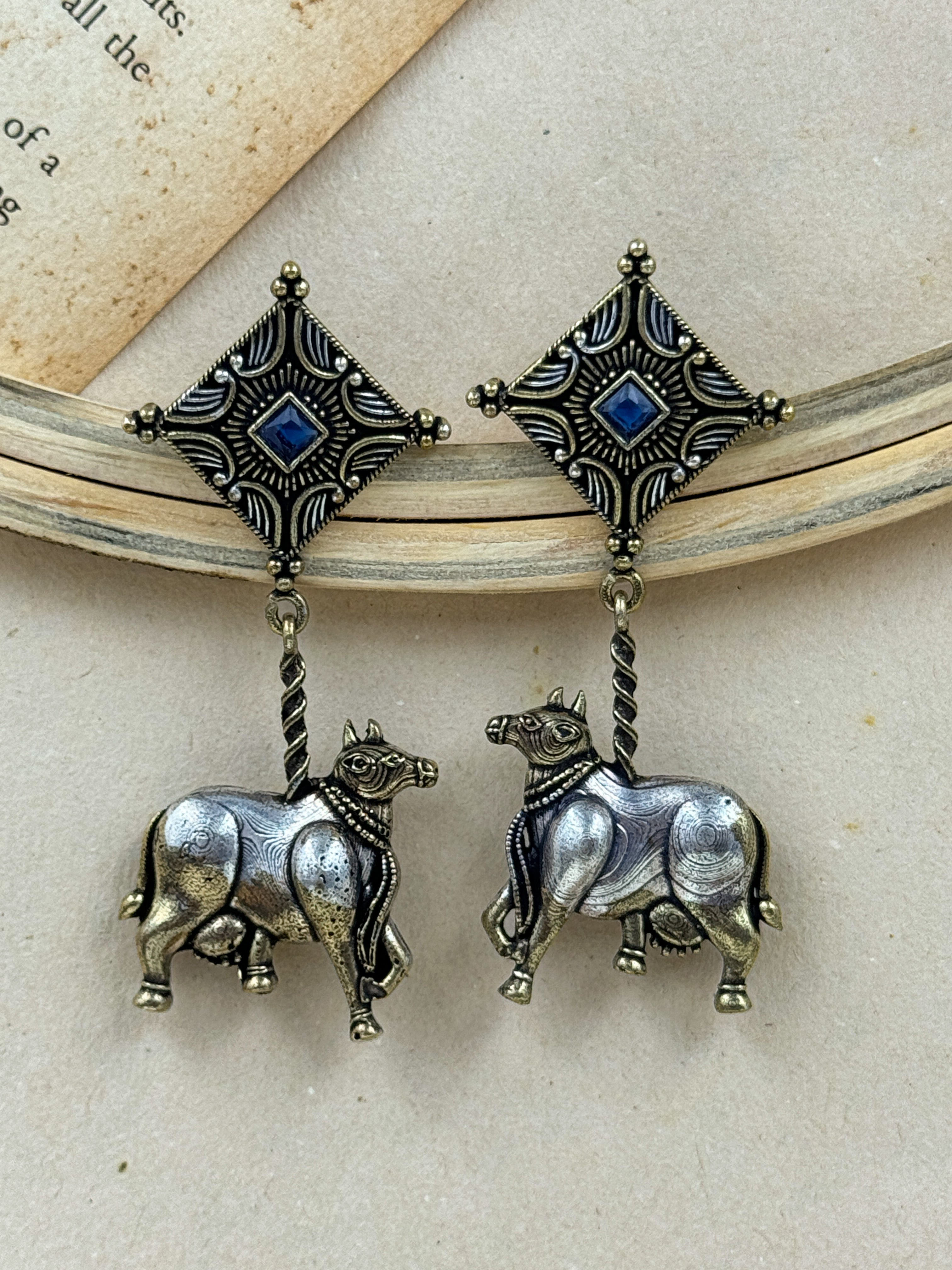 animal earrings, cow earrings, buffalo earrings, silver oxidised earrings, studs, tops, hoops, drops, silver earrings, blue kundan earrings