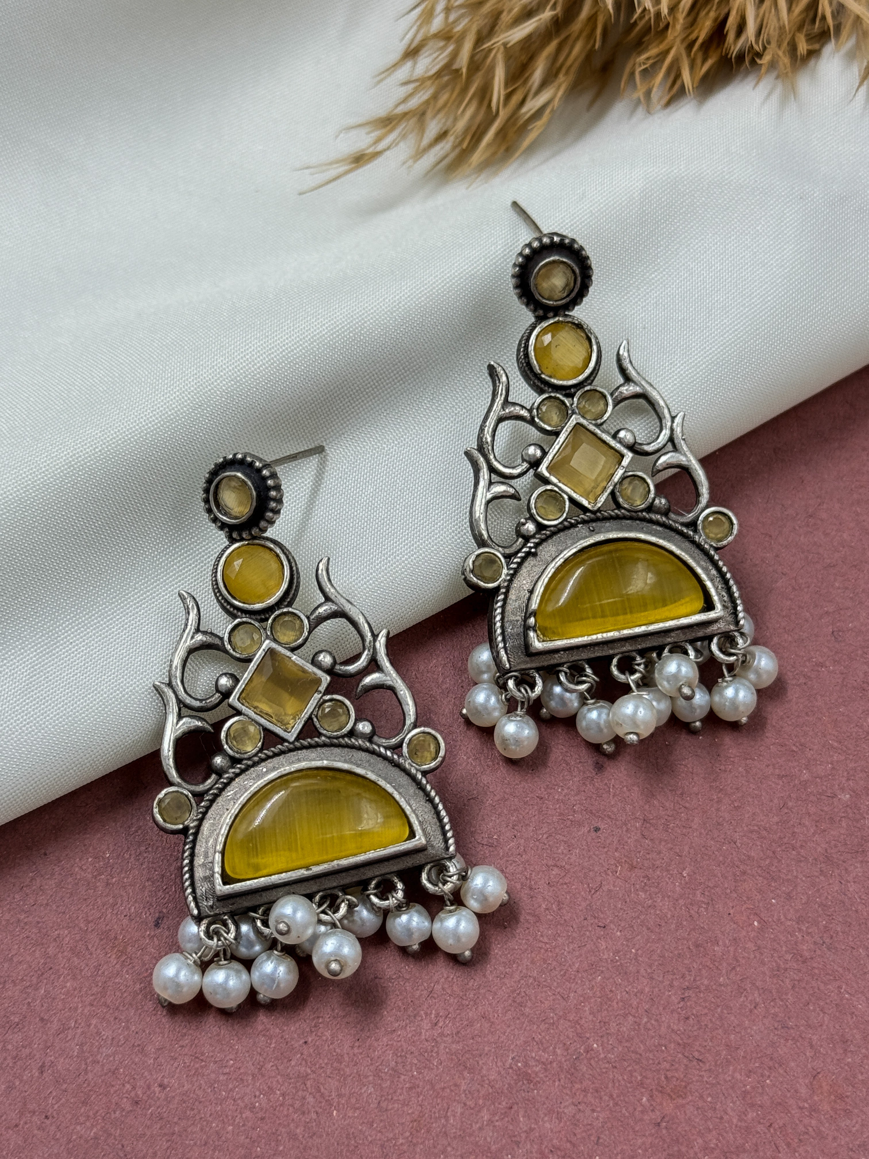 yellow silver oxidised pearl earrings, oxidized  yellow kundan earrings, monalisa stone earrings, traditional earrings, yellow earrings, yellow earrings, white pearl earrings,