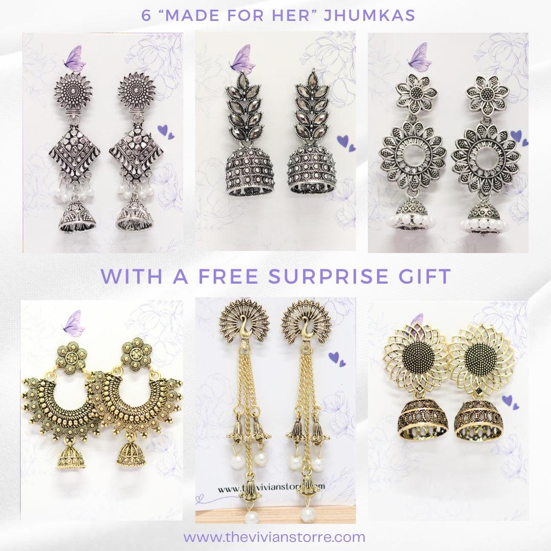 6 "Made For Her" Jhumkas With Free Surprise Gift - The Vivian Store