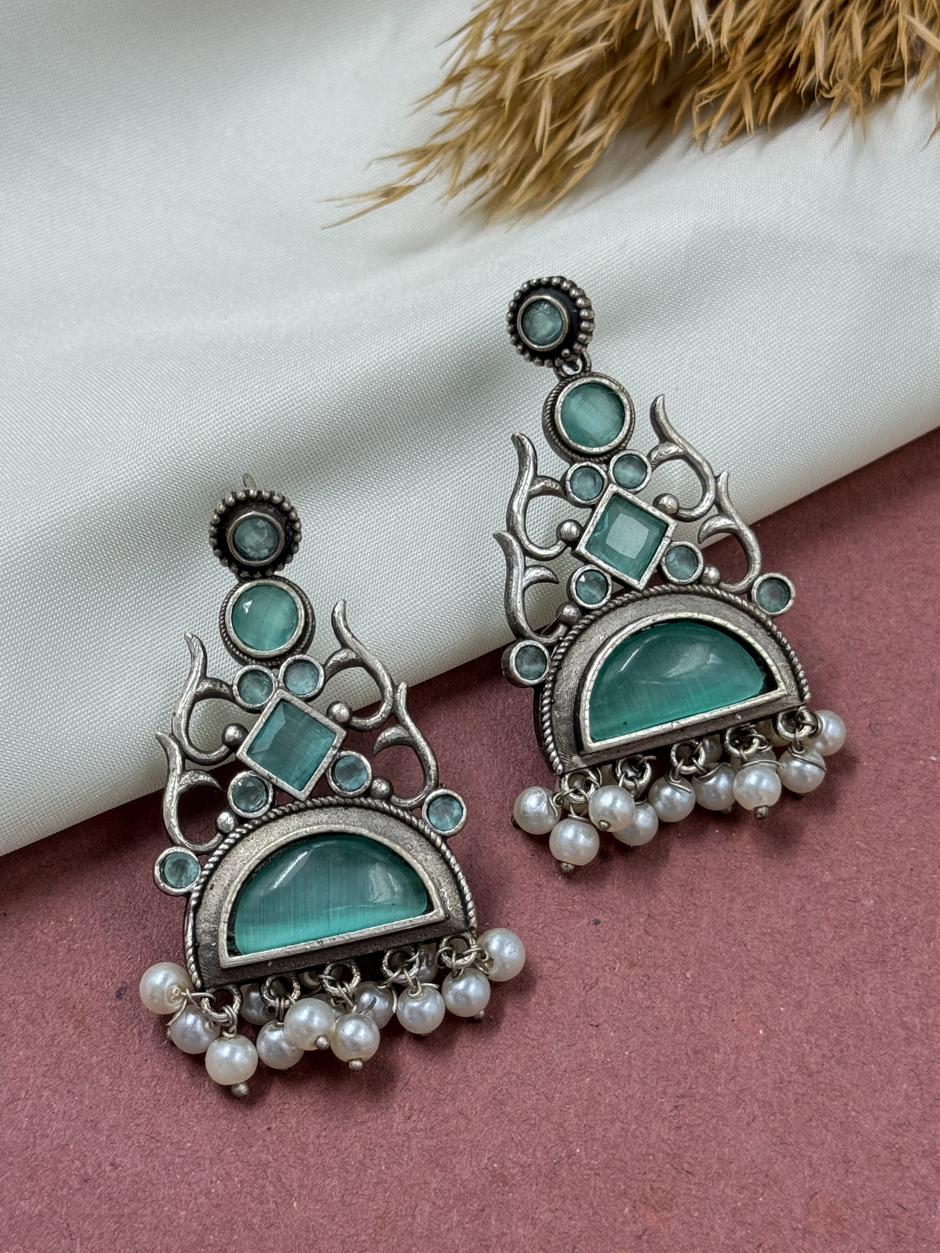 silver oxidised pearl earrings, oxidized light blue kundan earrings, monalisa stone earrings, traditional earrings, light blue earrings, green turquoise earrings, white pearl earrings,