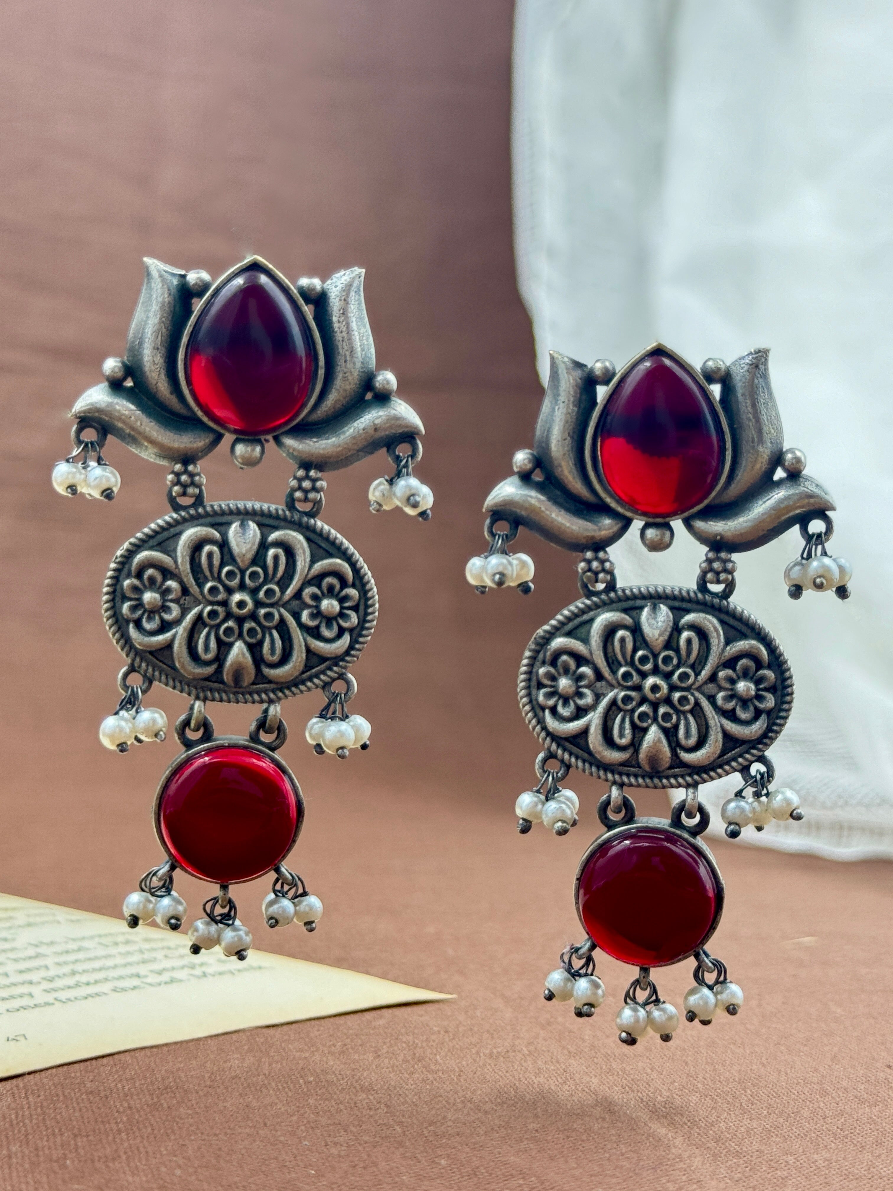 lotus earrings, oxidised earrings, white pearl earrings, silver oxidized earrings, kundan earrings, monalisa stone earrings, red earrings