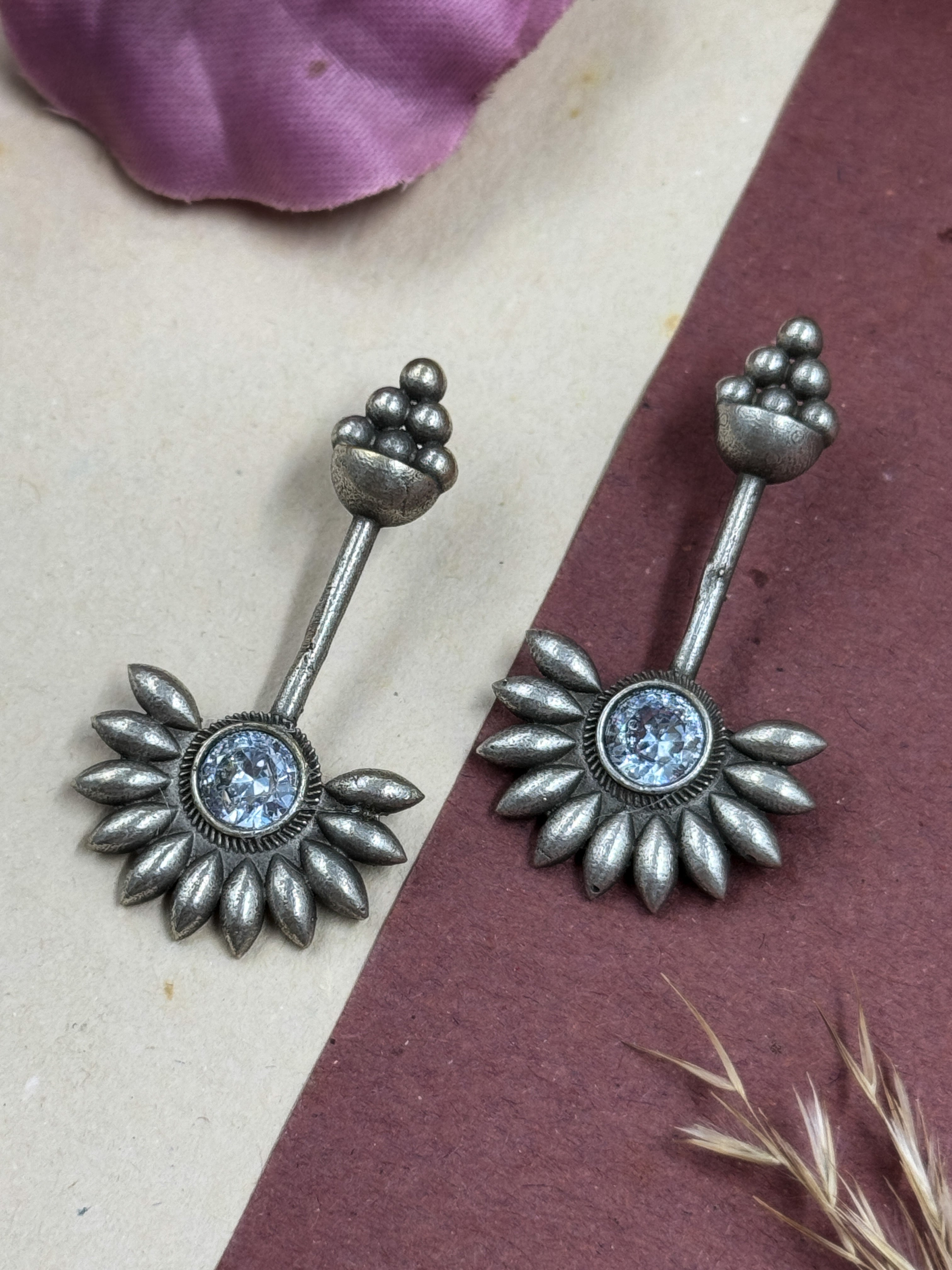 Oxidised Jhumka Earrings, Sunflower Barrel Stud, Green