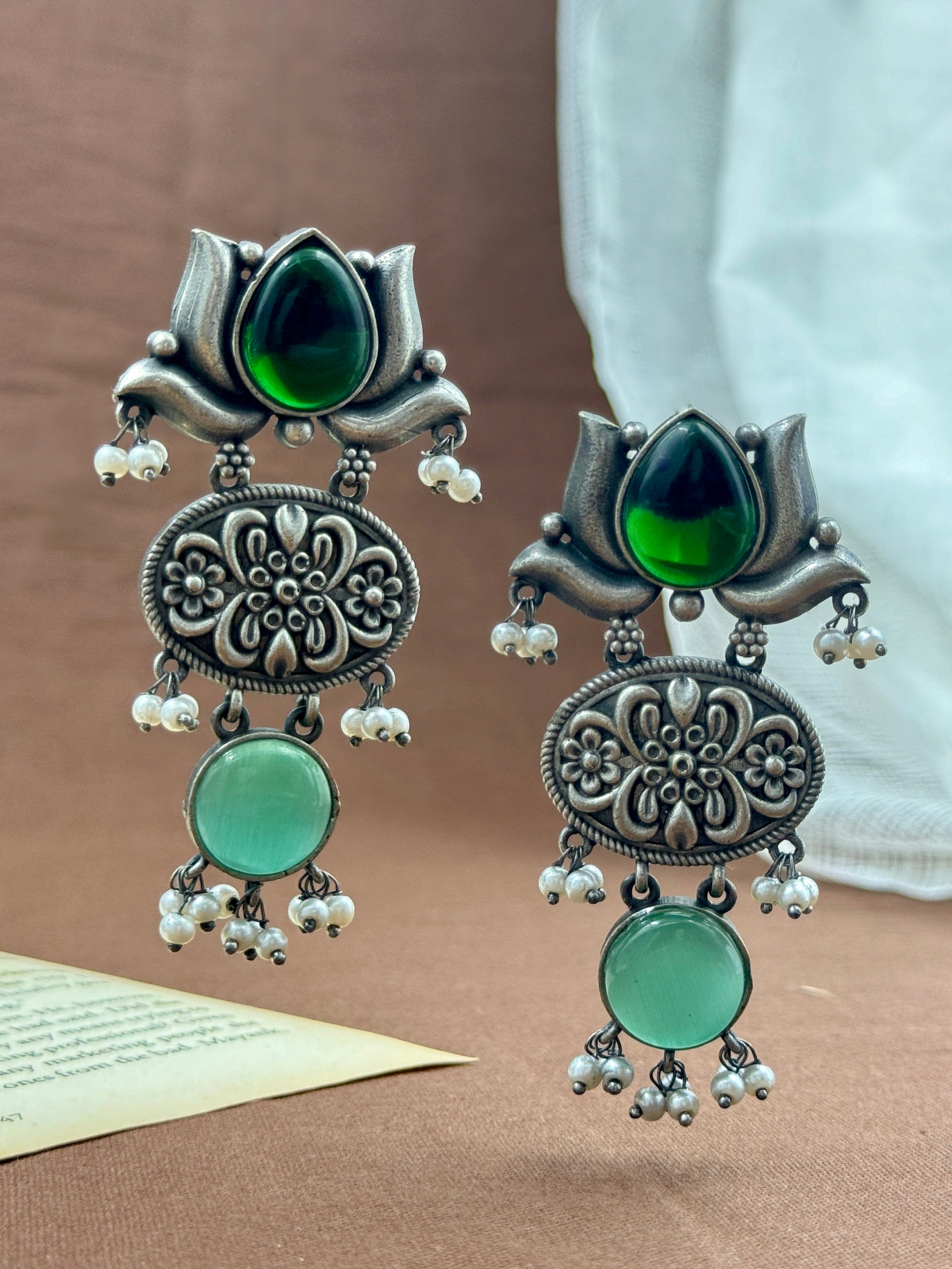 lotus earrings, oxidised earrings, white pearl earrings, silver oxidized earrings, kundan earrings, monalisa stone earrings, turquoise green earrings