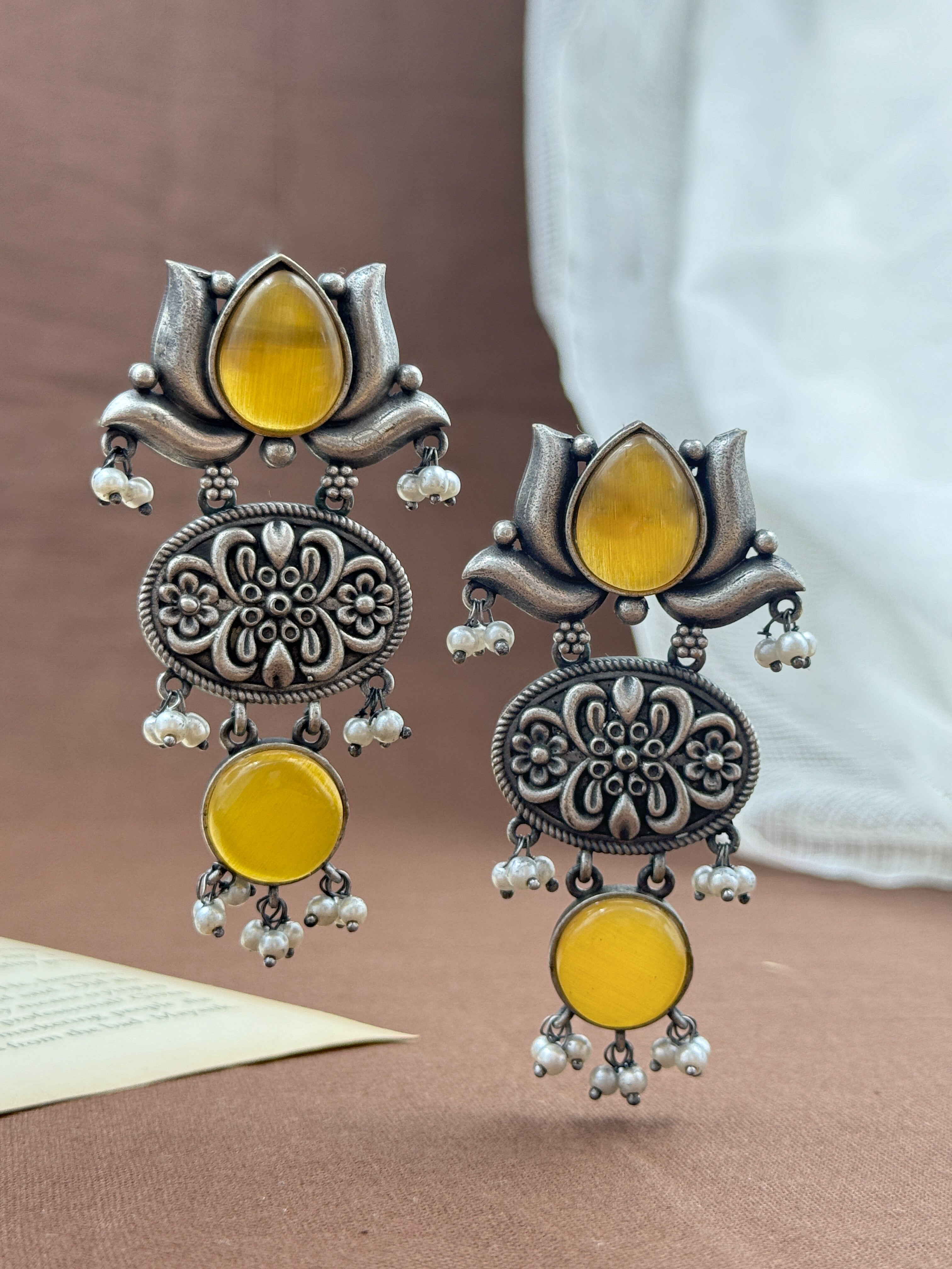 lotus earrings, oxidised earrings, white pearl earrings, silver oxidized earrings, kundan earrings, monalisa stone earrings, yellow earrings