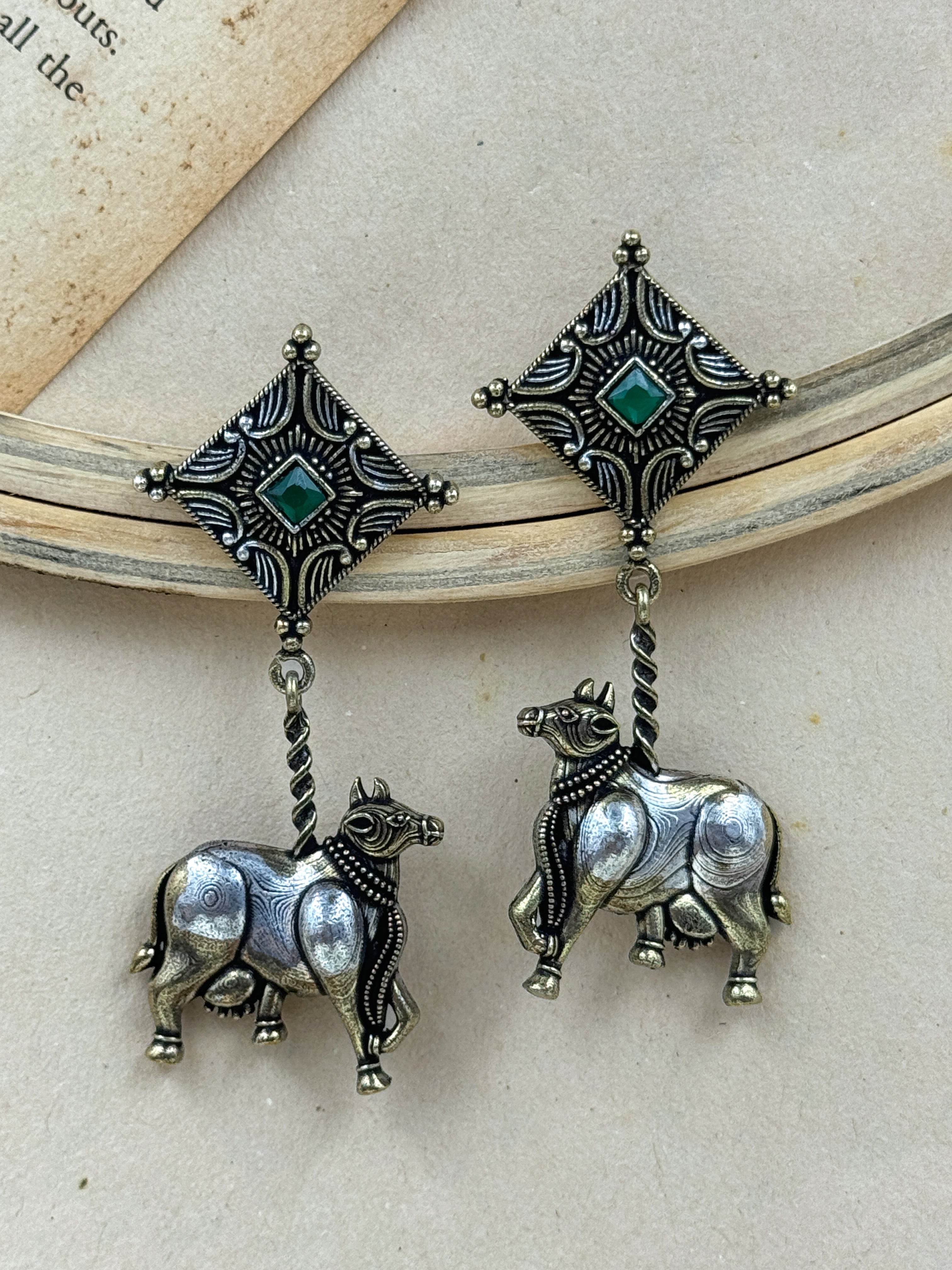 animal earrings, cow earrings, buffalo earrings, silver oxidised earrings, studs, tops, hoops, drops, silver earrings, green kundan earrings