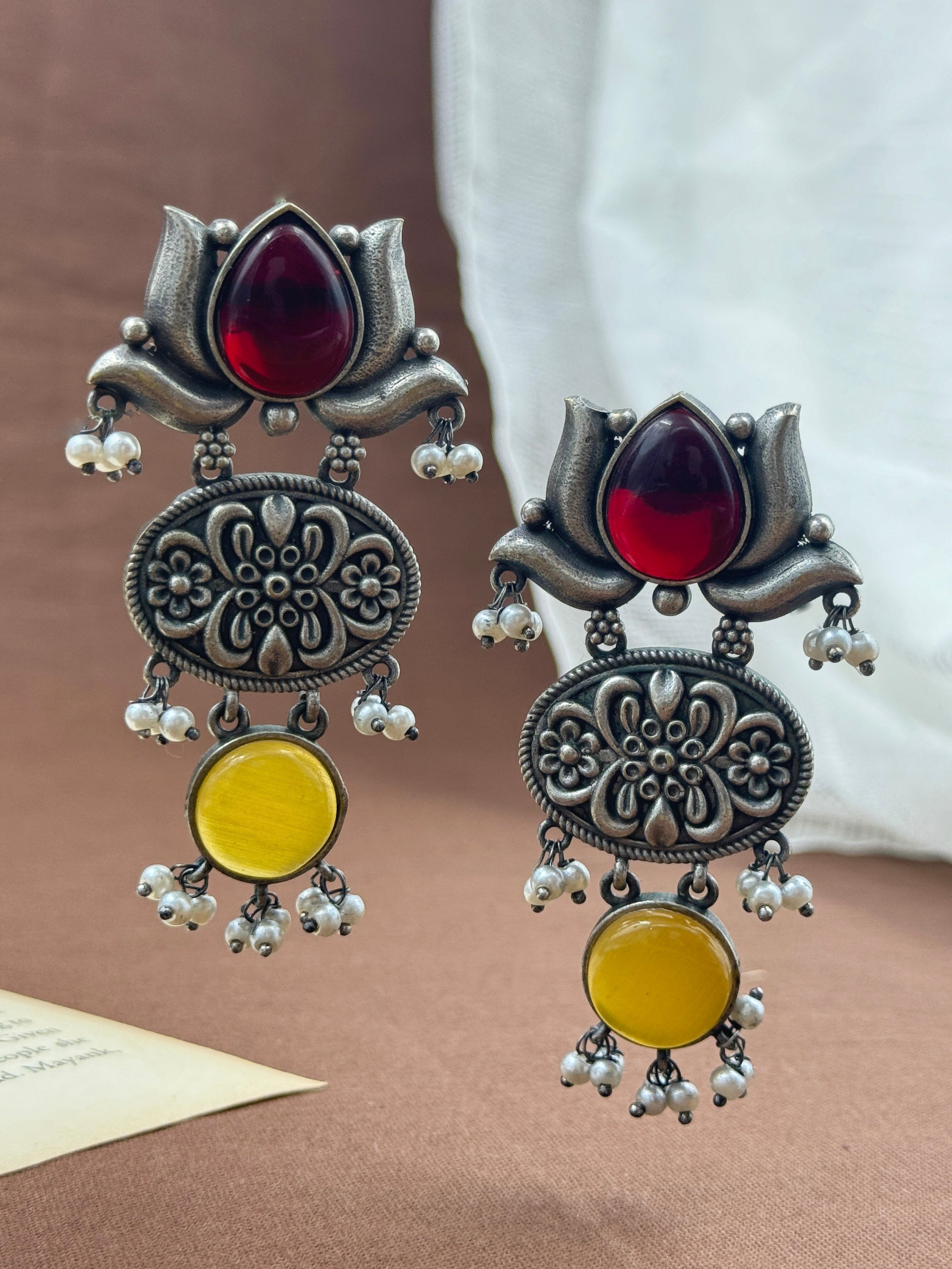 lotus earrings, oxidised earrings, white pearl earrings, silver oxidized earrings, kundan earrings, monalisa stone earrings, red yellow earrings