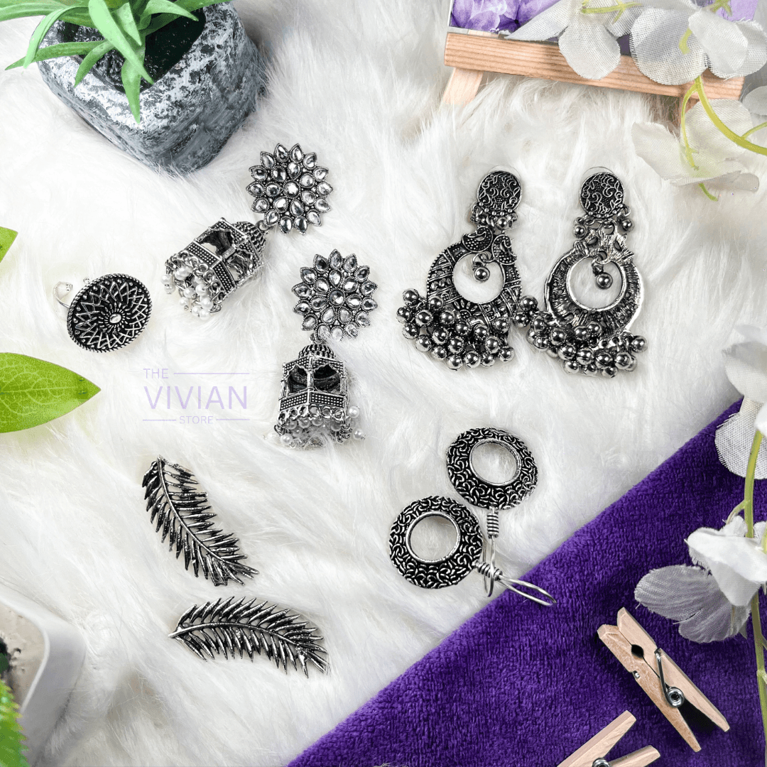 Gorgeous Collection Of 4 Oxidised Jhumkas With Free Adjustable Ring - The Vivian Store