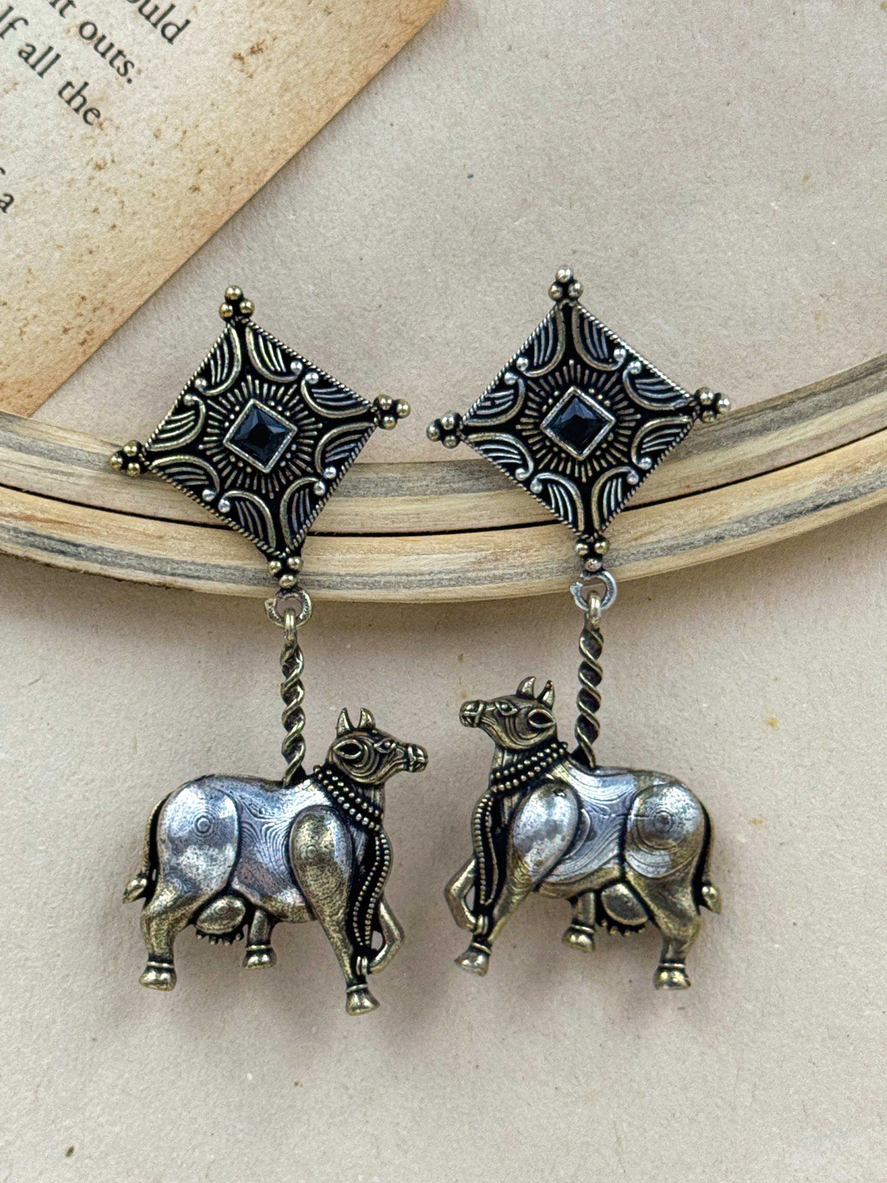 animal earrings, cow earrings, buffalo earrings, silver oxidised earrings, studs, tops, hoops, drops, silver earrings, black kundan earrings