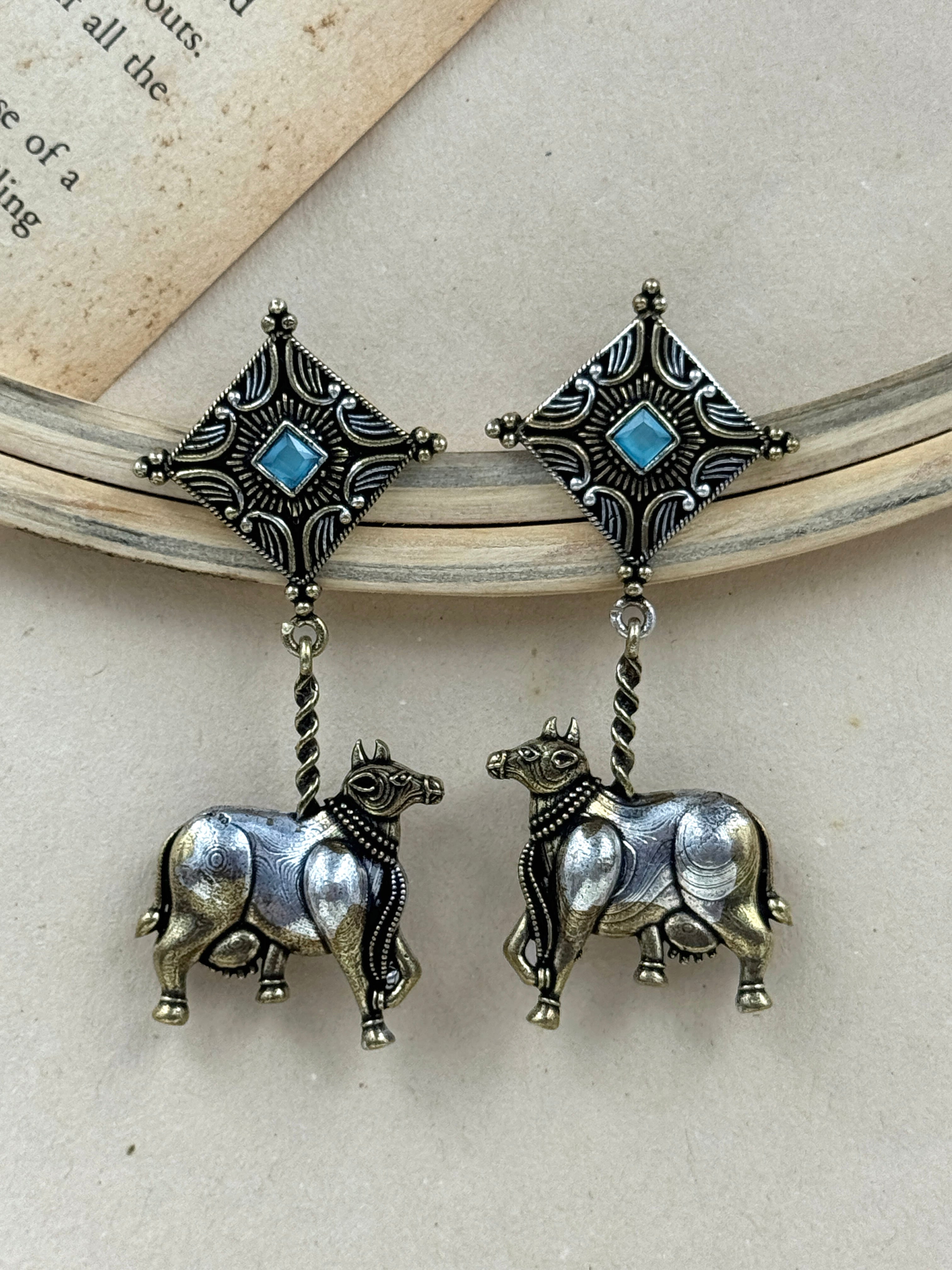 animal earrings, cow earrings, buffalo earrings, silver oxidised earrings, studs, tops, hoops, drops, silver earrings, blue kundan earrings