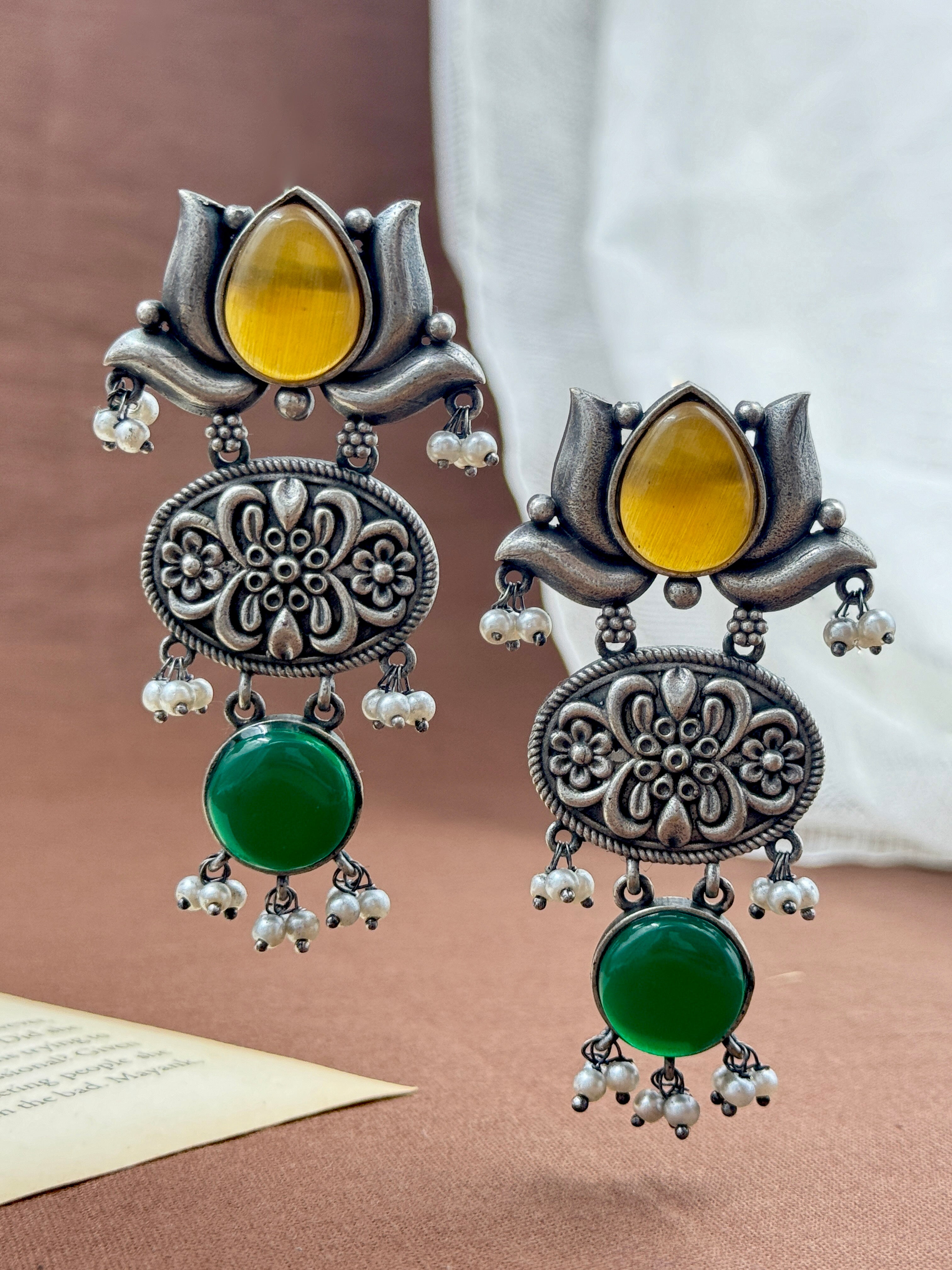 lotus earrings, oxidised earrings, white pearl earrings, silver oxidized earrings, kundan earrings, monalisa stone earrings, yellow green earrings