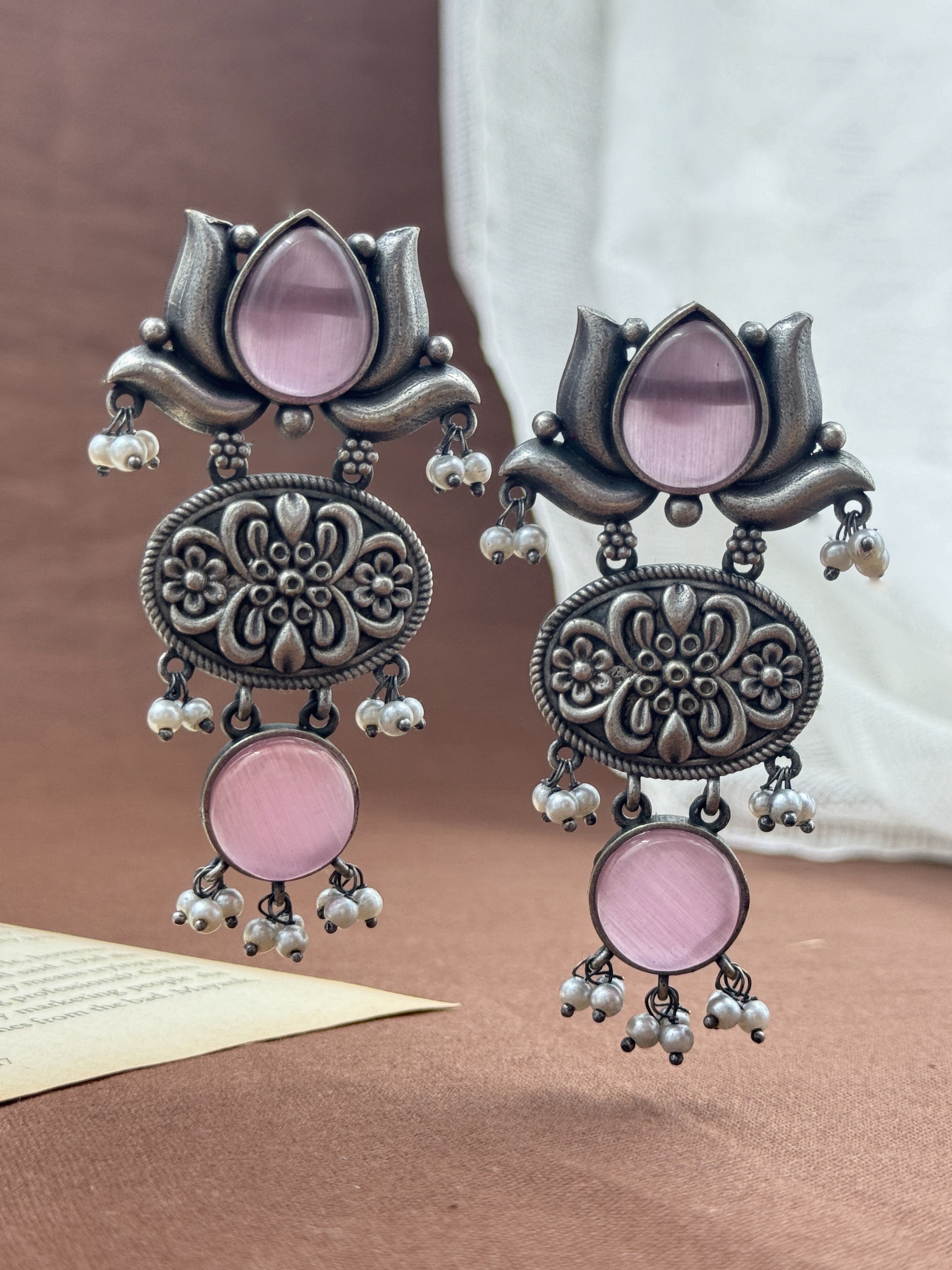 lotus earrings, oxidised earrings, white pearl earrings, silver oxidized earrings, kundan earrings, monalisa stone earrings,  pink earrings