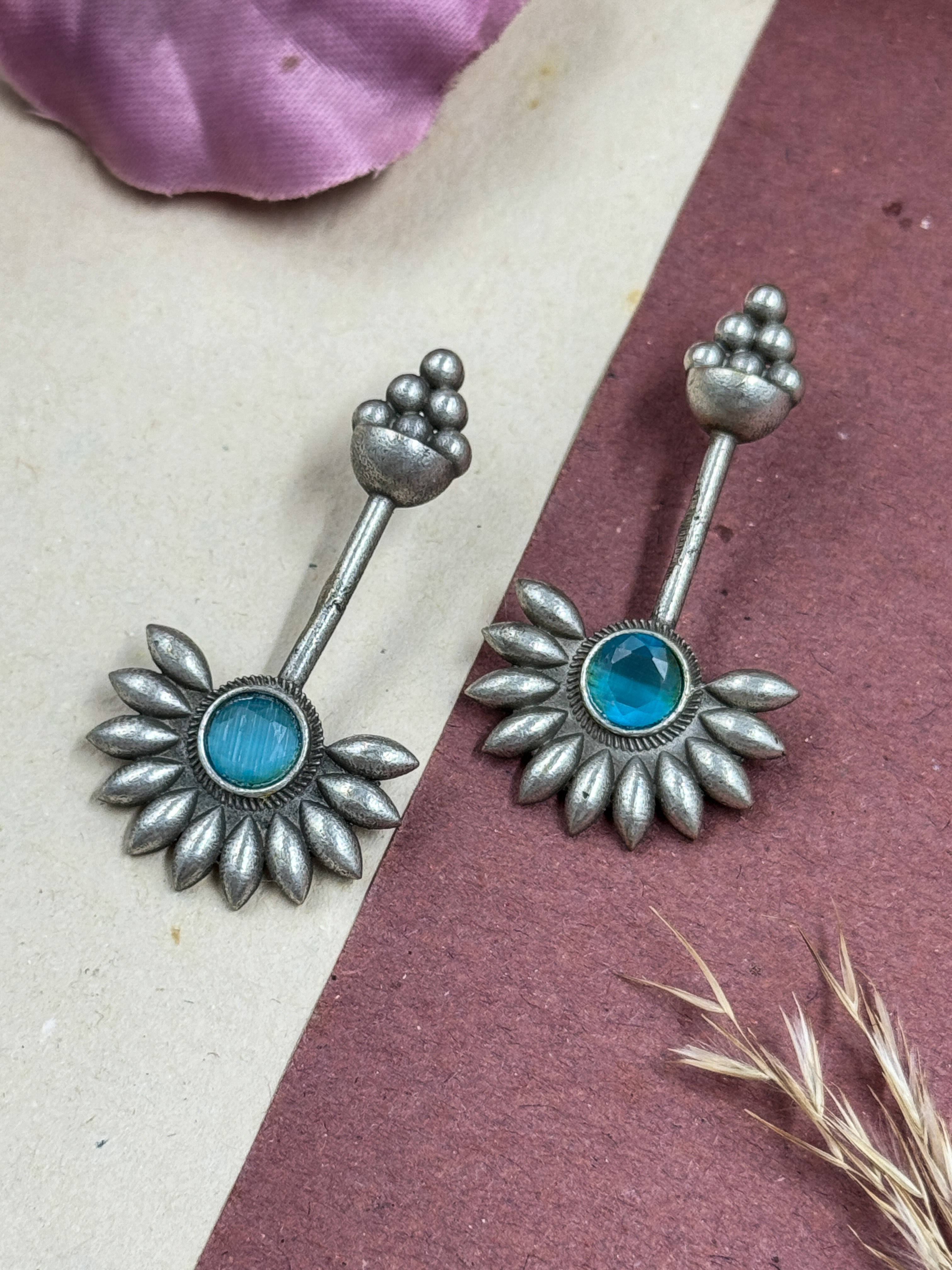 Oxidised Jhumka Earrings, Sunflower Barrel Stud, Green