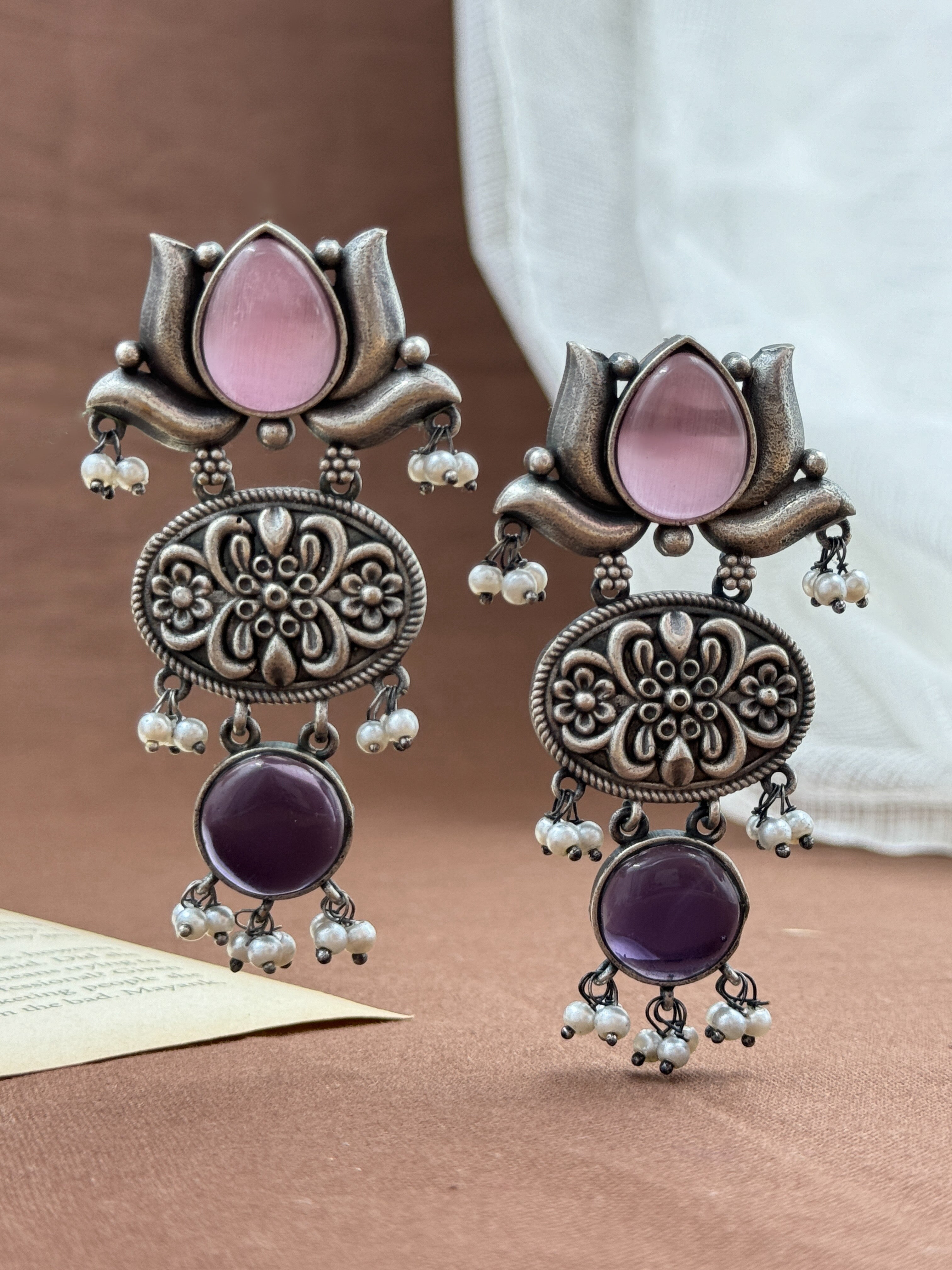 lotus earrings, oxidised earrings, white pearl earrings, silver oxidized earrings, kundan earrings, monalisa stone earrings, black pink earrings