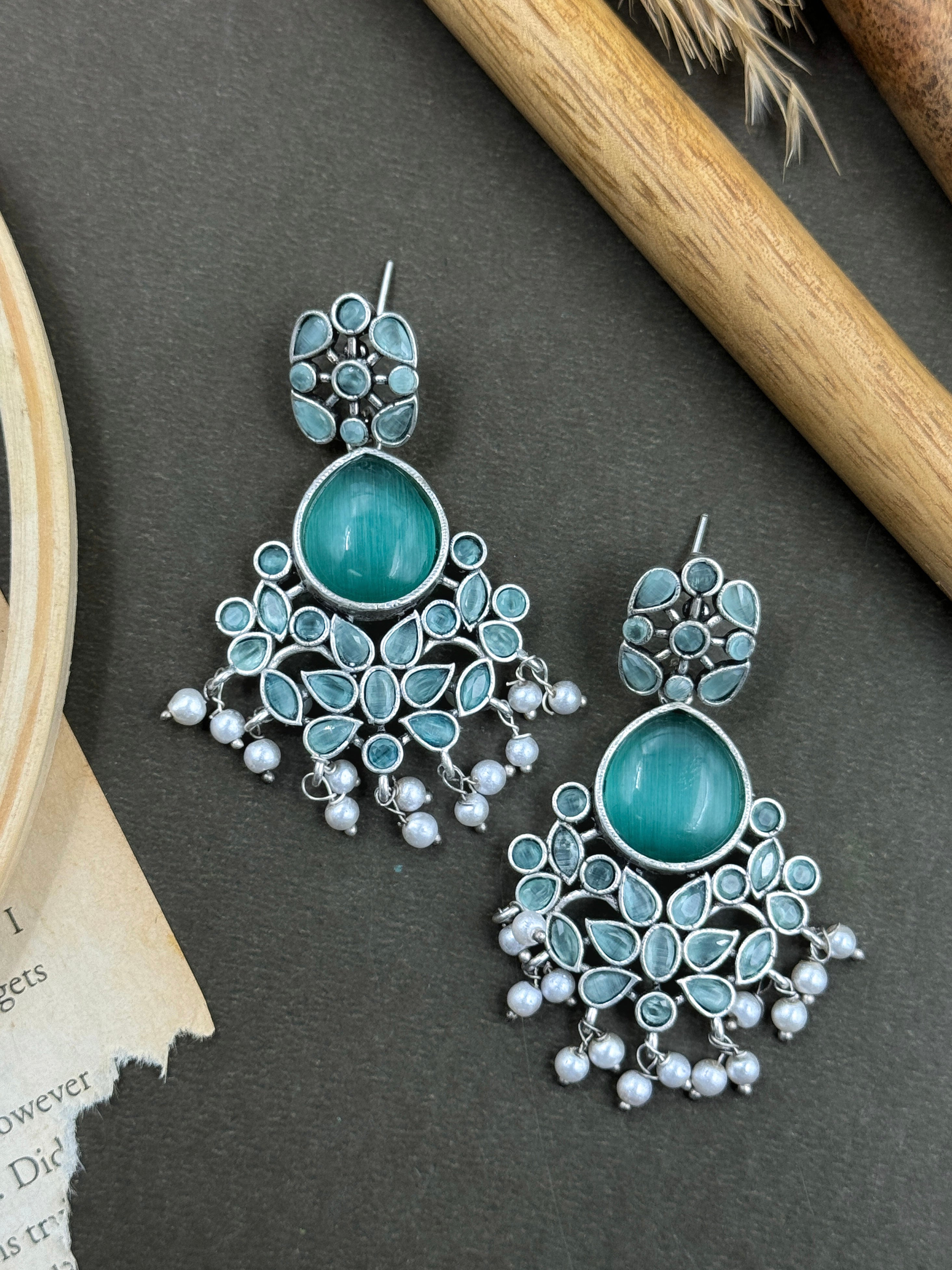 earings, silver oxidised earings, oxidised earrings, light blue kundan, sky blue stone earrings