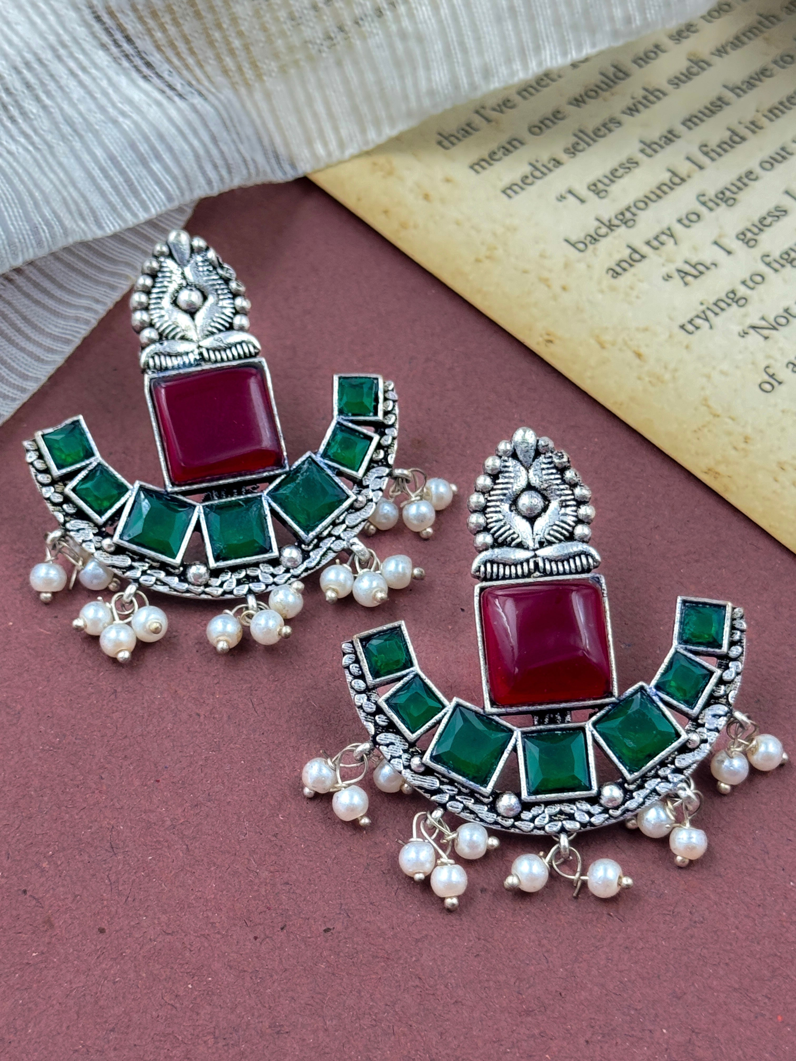 Oxidised Silver Kundan Crafted Earings