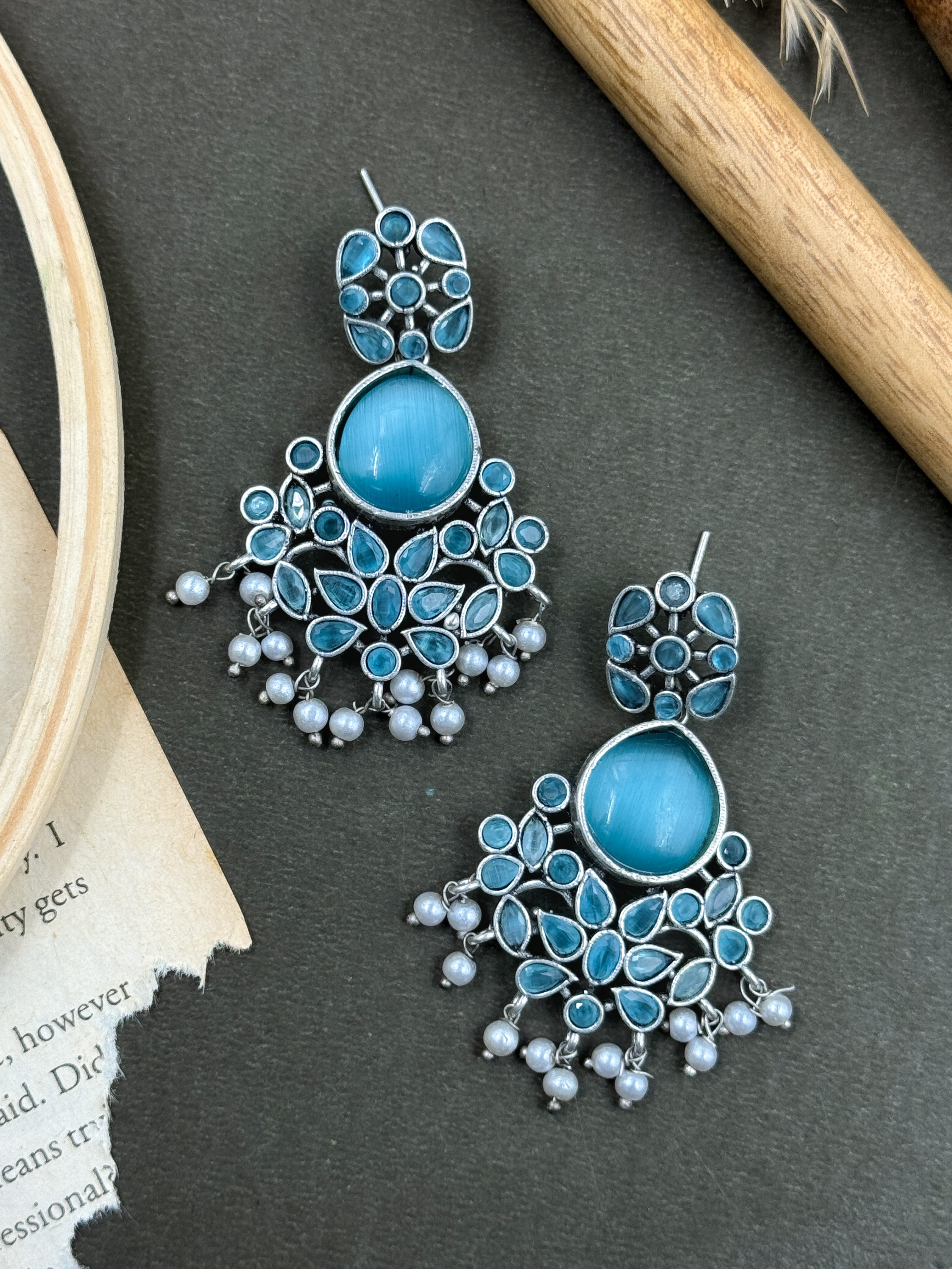 earings, silver oxidised earings, oxidised earrings, light blue kundan, light blue stone earrings