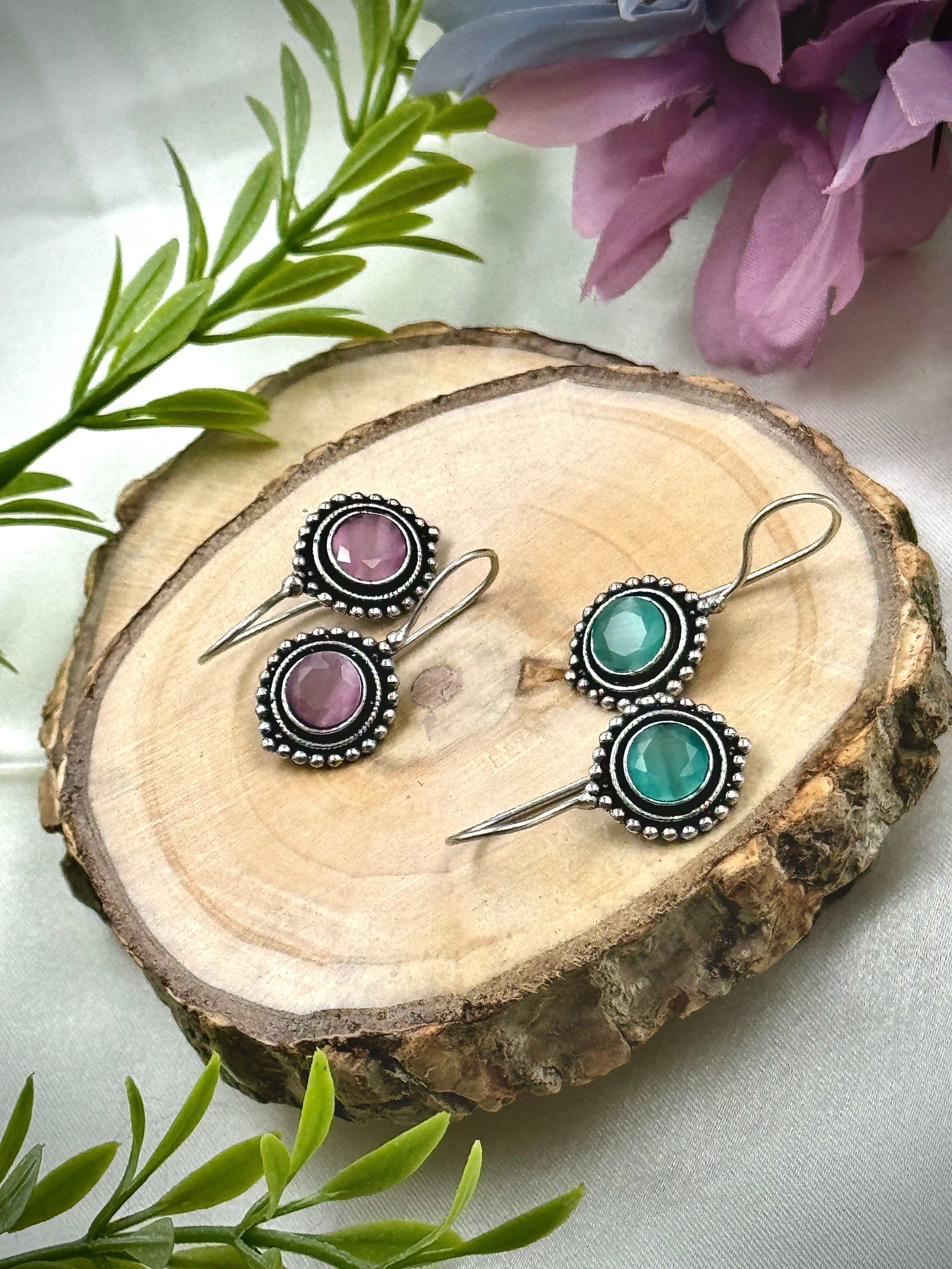 oxidised earrings, hoops, tops, studs, oxidized earrings, blue stone earrings, pink stone earrings