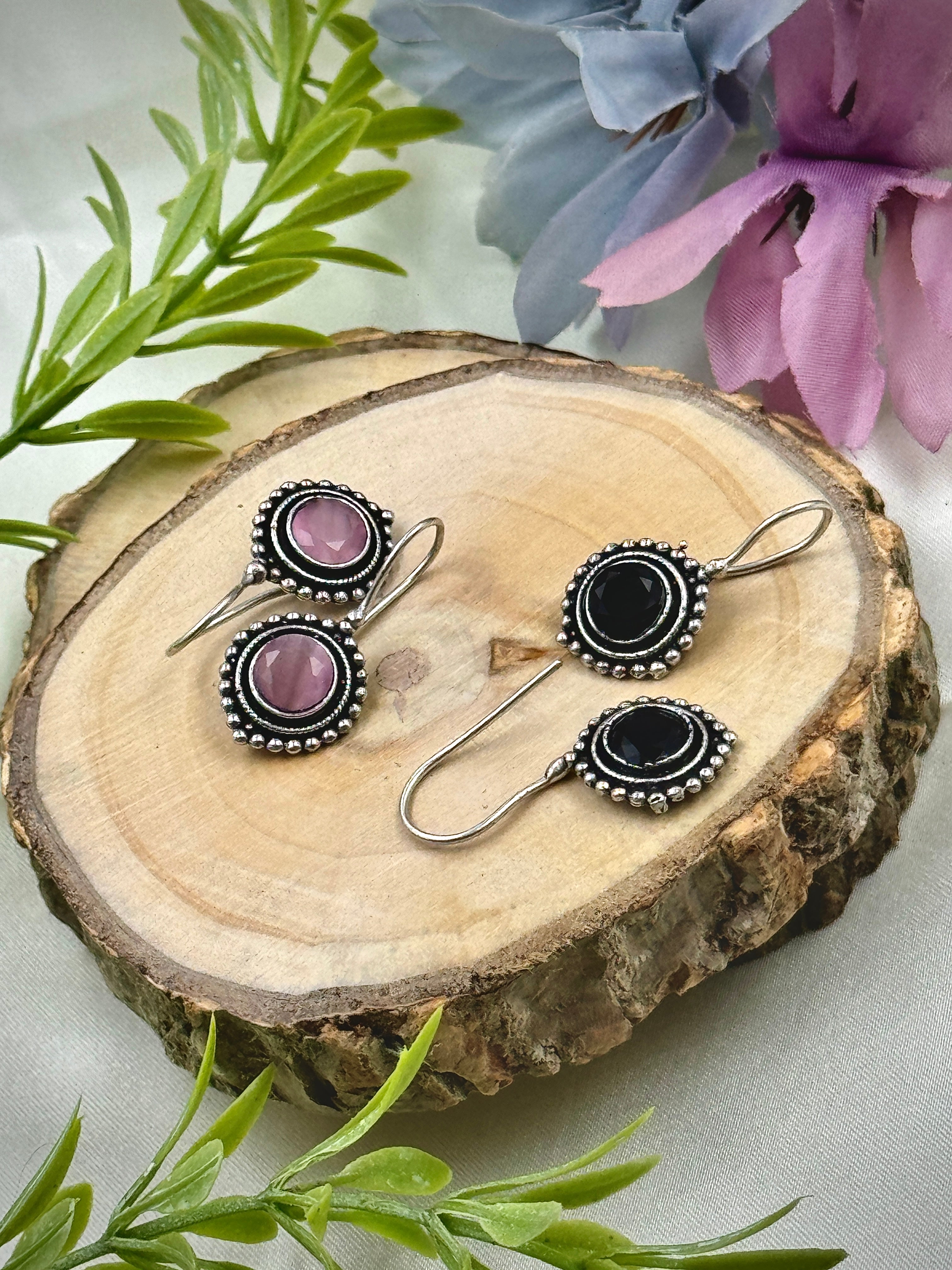 oxidised earrings, hoops, tops, studs, oxidized earrings, black stone earrings, pink stone earrings