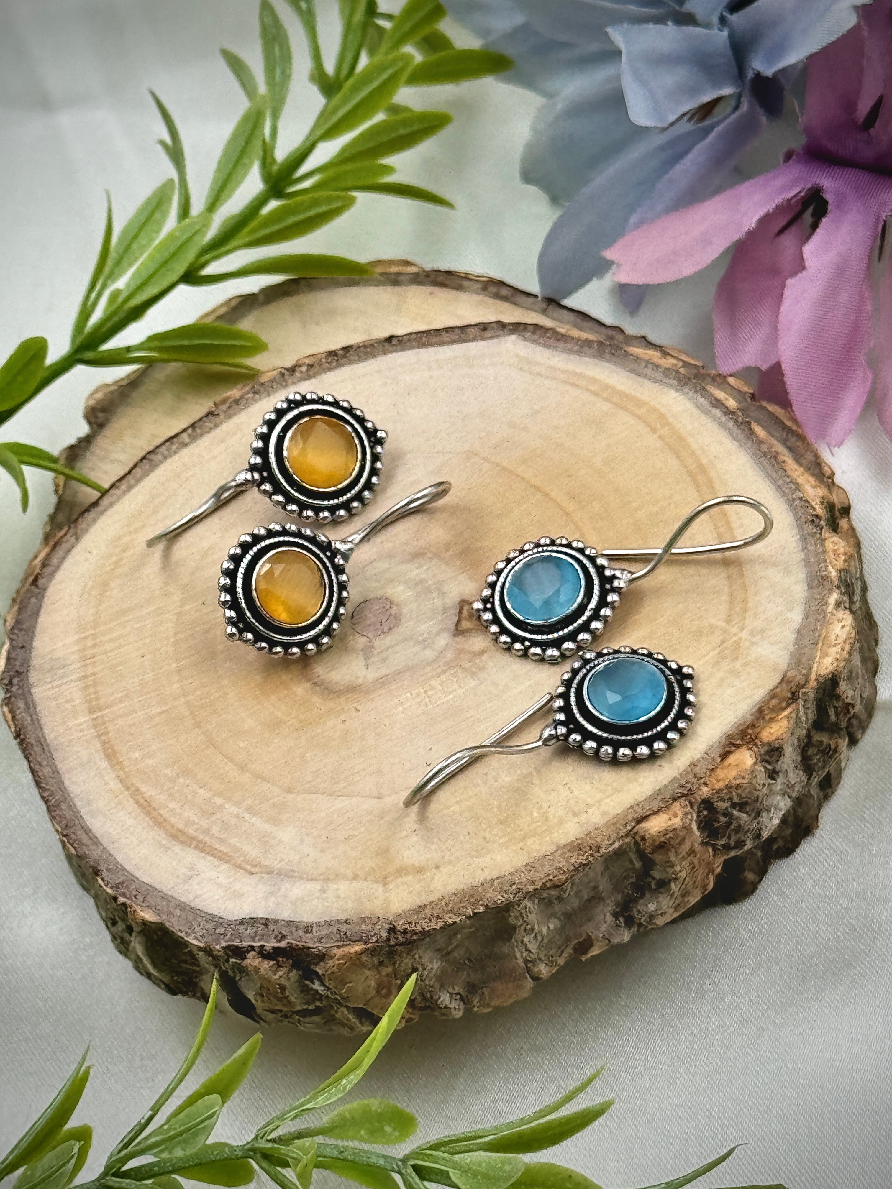 oxidised earrings, hoops, tops, studs, oxidized earrings, blue stone earrings, yellow stone earrings