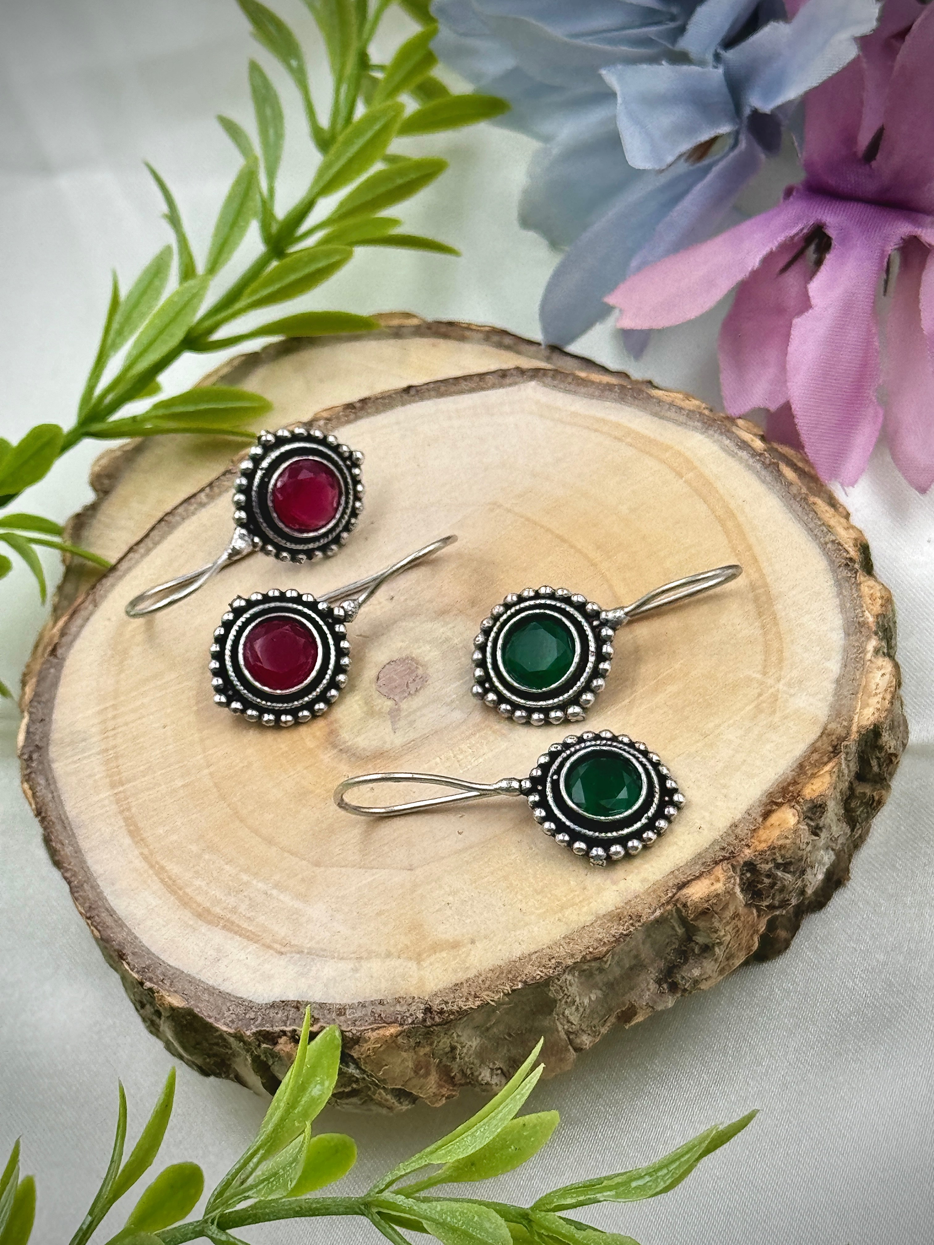 oxidised earrings, hoops, tops, studs, oxidized earrings,green stone earrings, red stone earrings