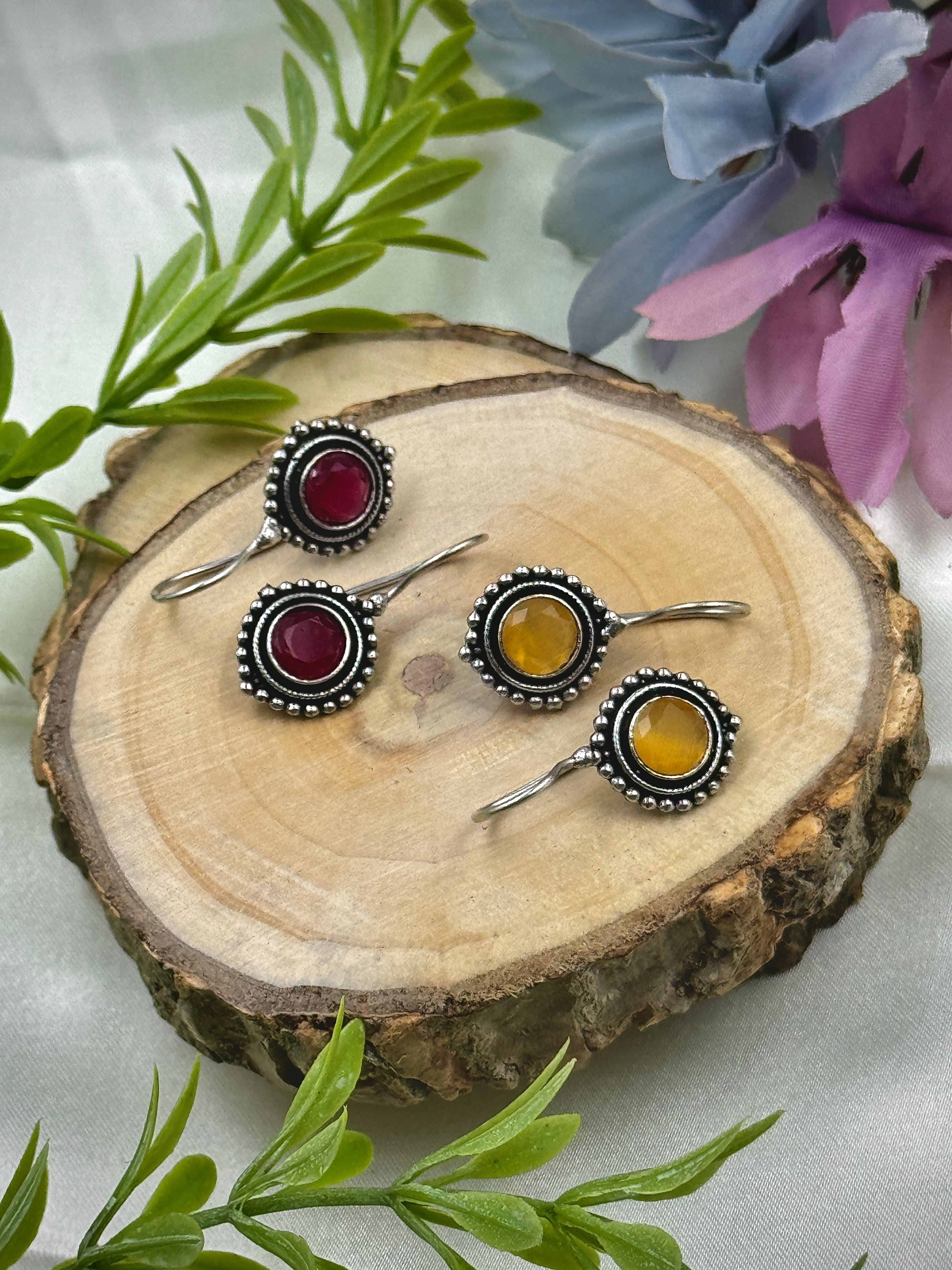 oxidised earrings, hoops, tops, studs, oxidized earrings, yellow stone earrings, red stone earrings