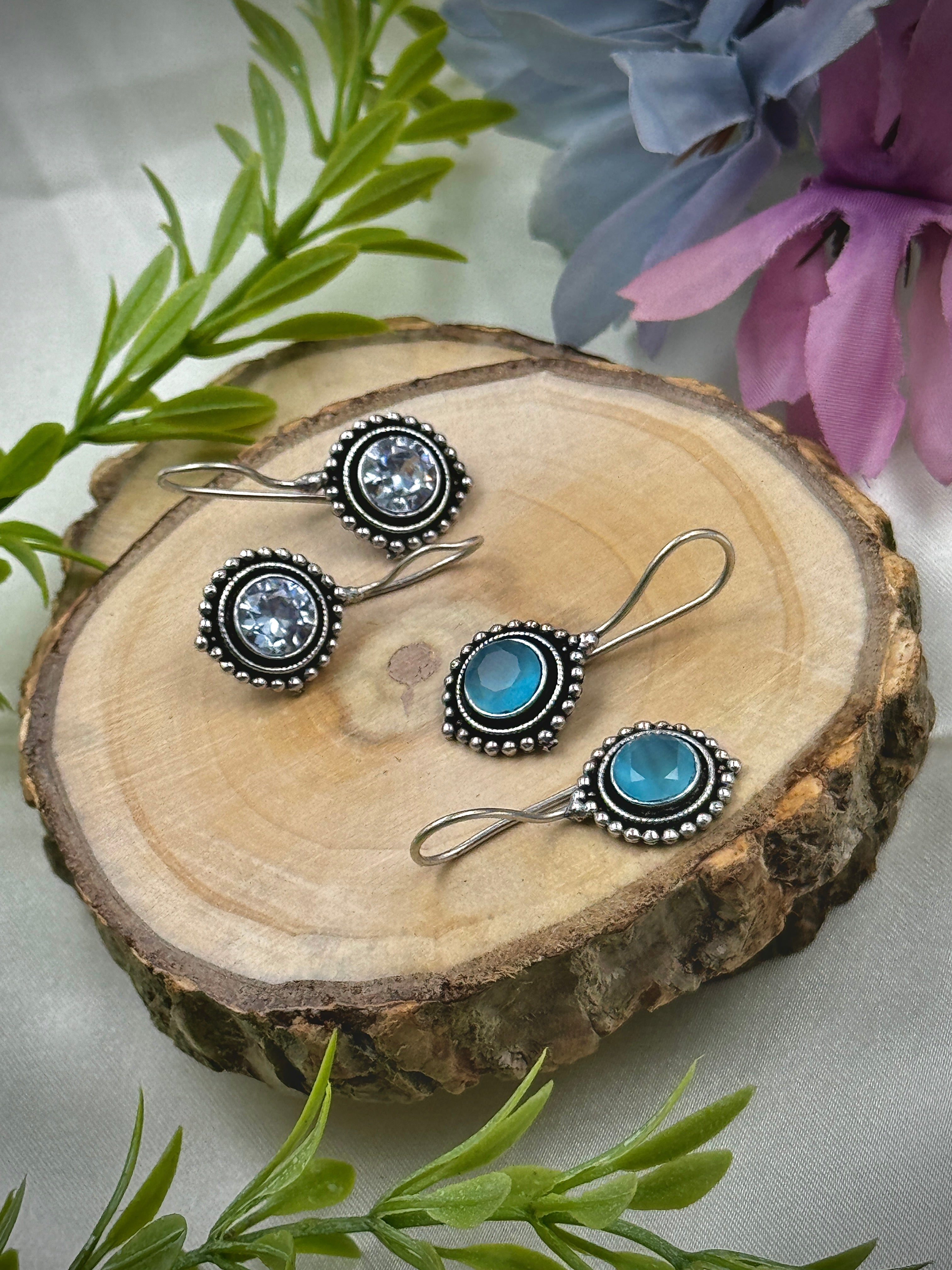 oxidised earrings, hoops, tops, studs, oxidized earrings,white  stone earrings, blue stone earrings