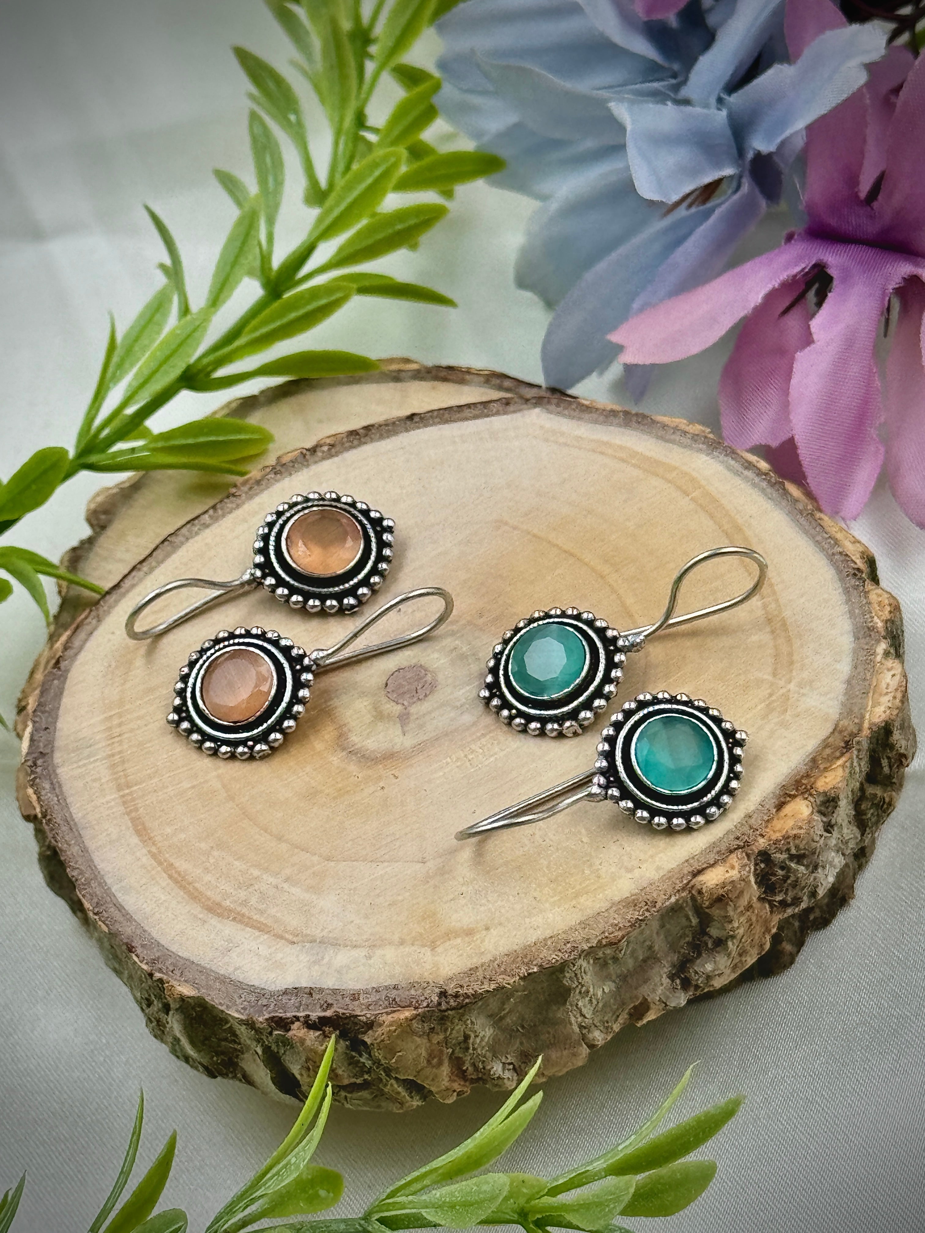 oxidised earrings, hoops, tops, studs, oxidized earrings, yellow stone earrings, light blue stone earrings