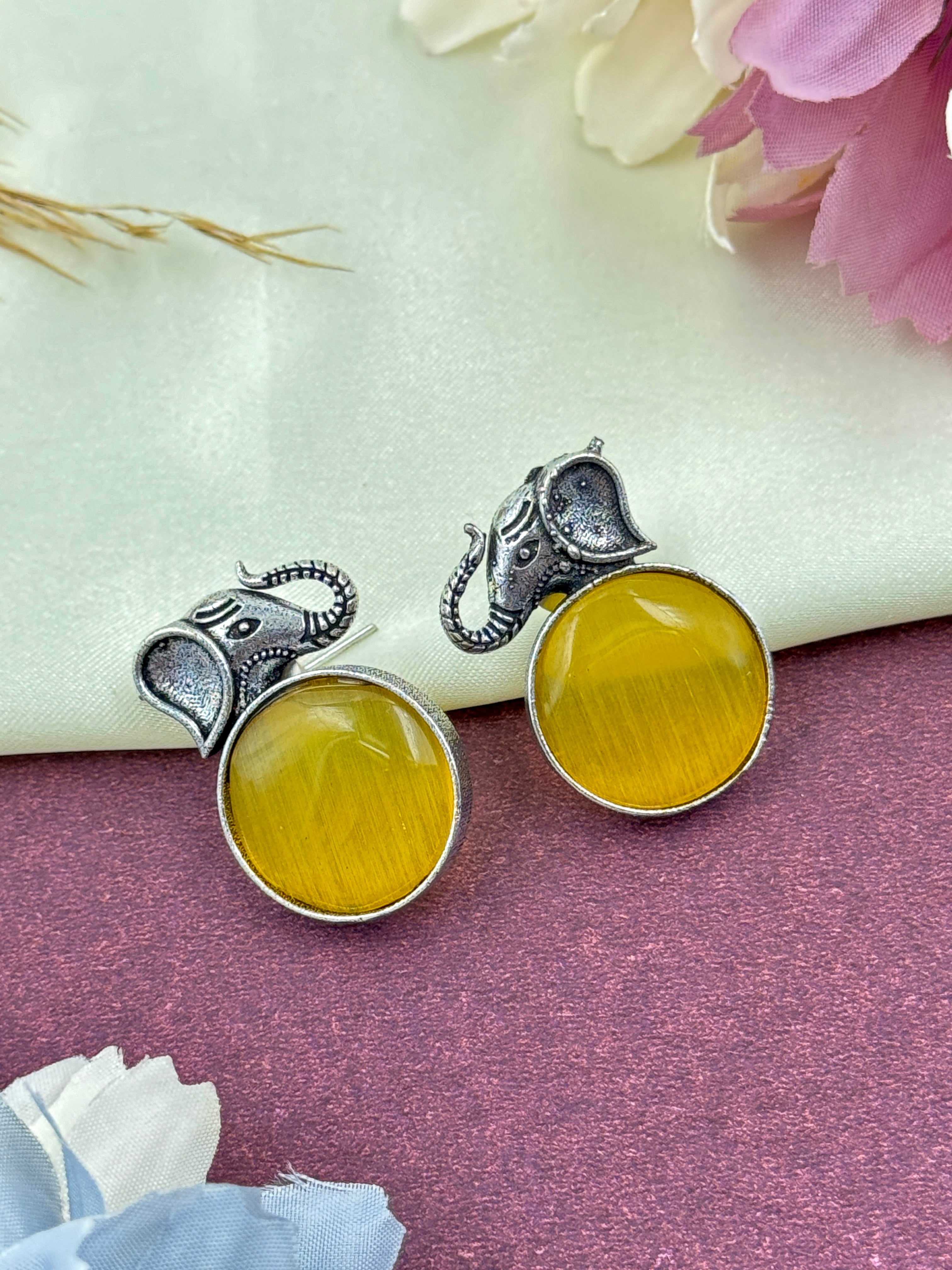 oxidised earrings, oxidized studs, hoops, studs, tops, elephant earrings, yellow stone earrings, yellow kundan