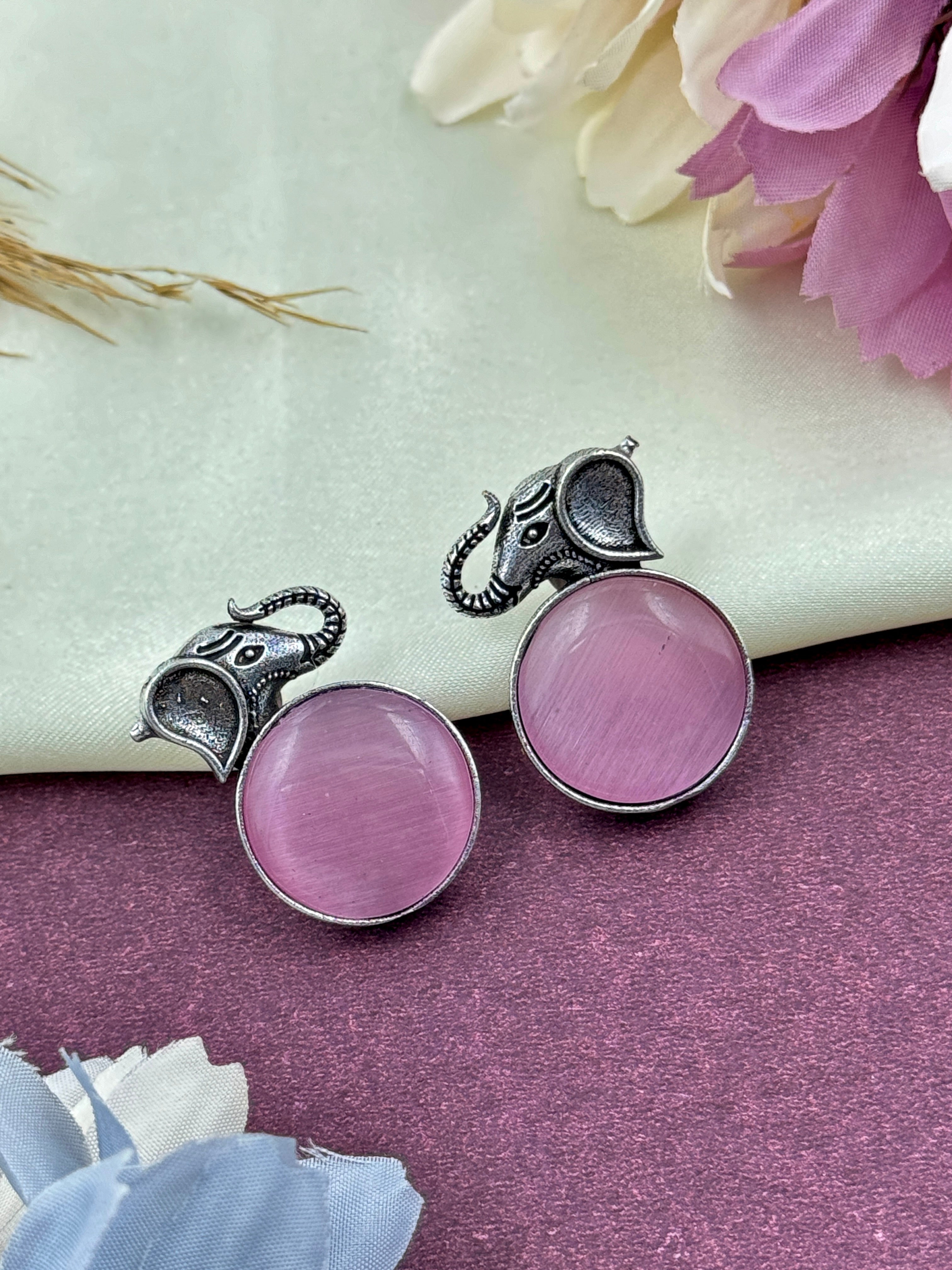 oxidised earrings, oxidized studs, hoops, studs, tops, elephant earrings, pink stone earrings, pink kundan