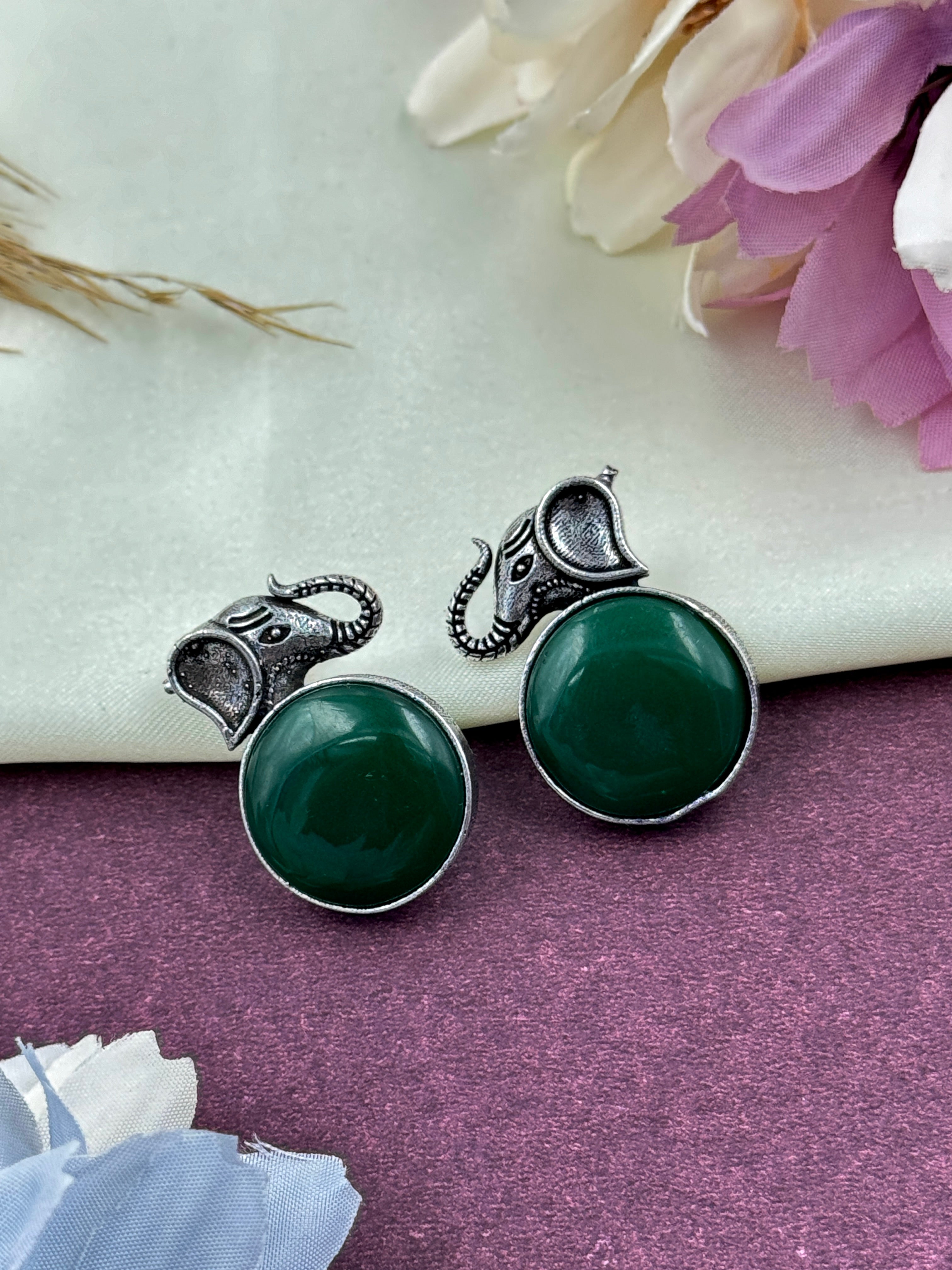 oxidised earrings, oxidized studs, hoops, studs, tops, elephant earrings, green stone earrings, green kundan