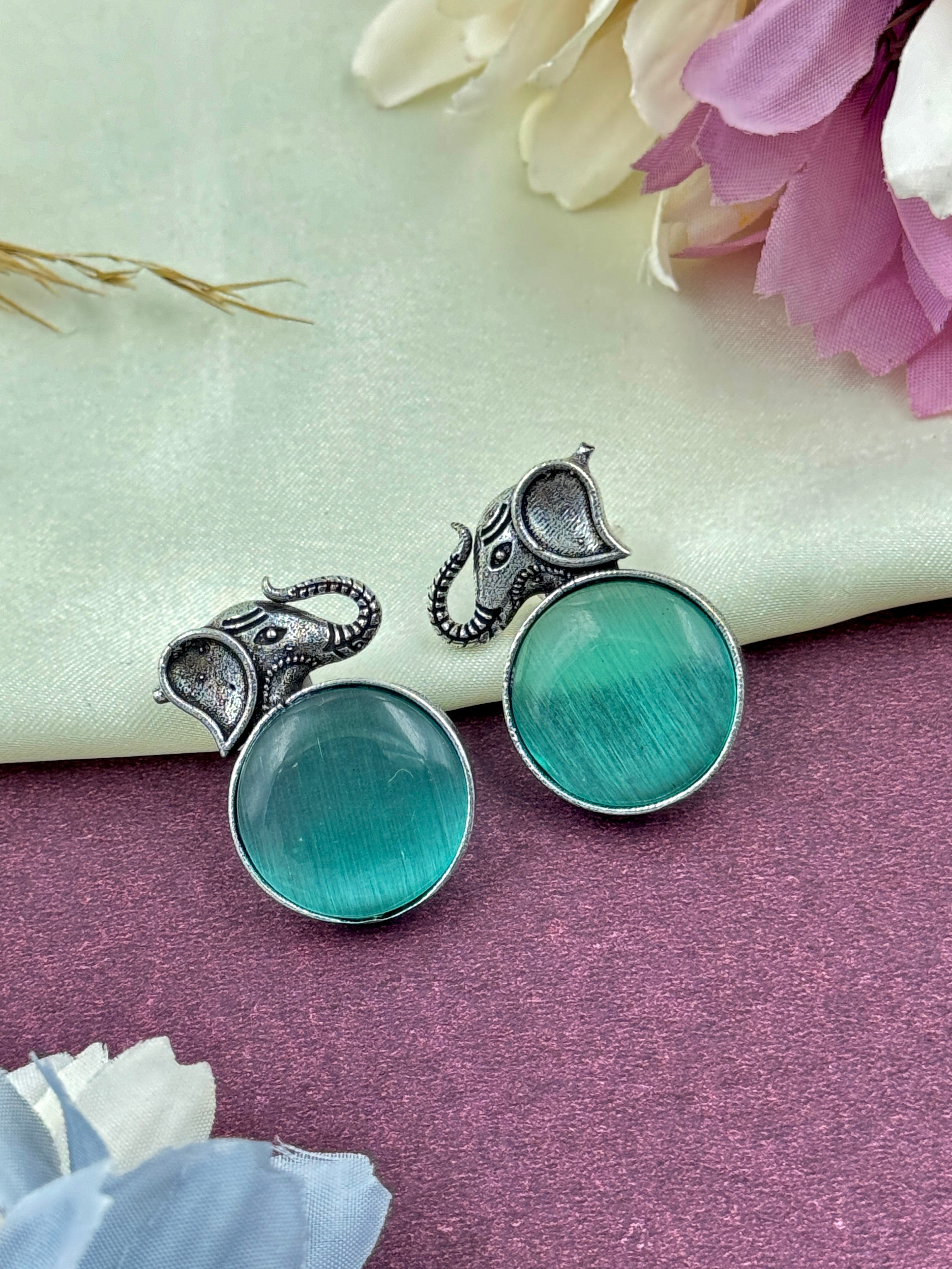 oxidised earrings, oxidized studs, hoops, studs, tops, elephant earrings, turquoise stone earrings, light blue kundan