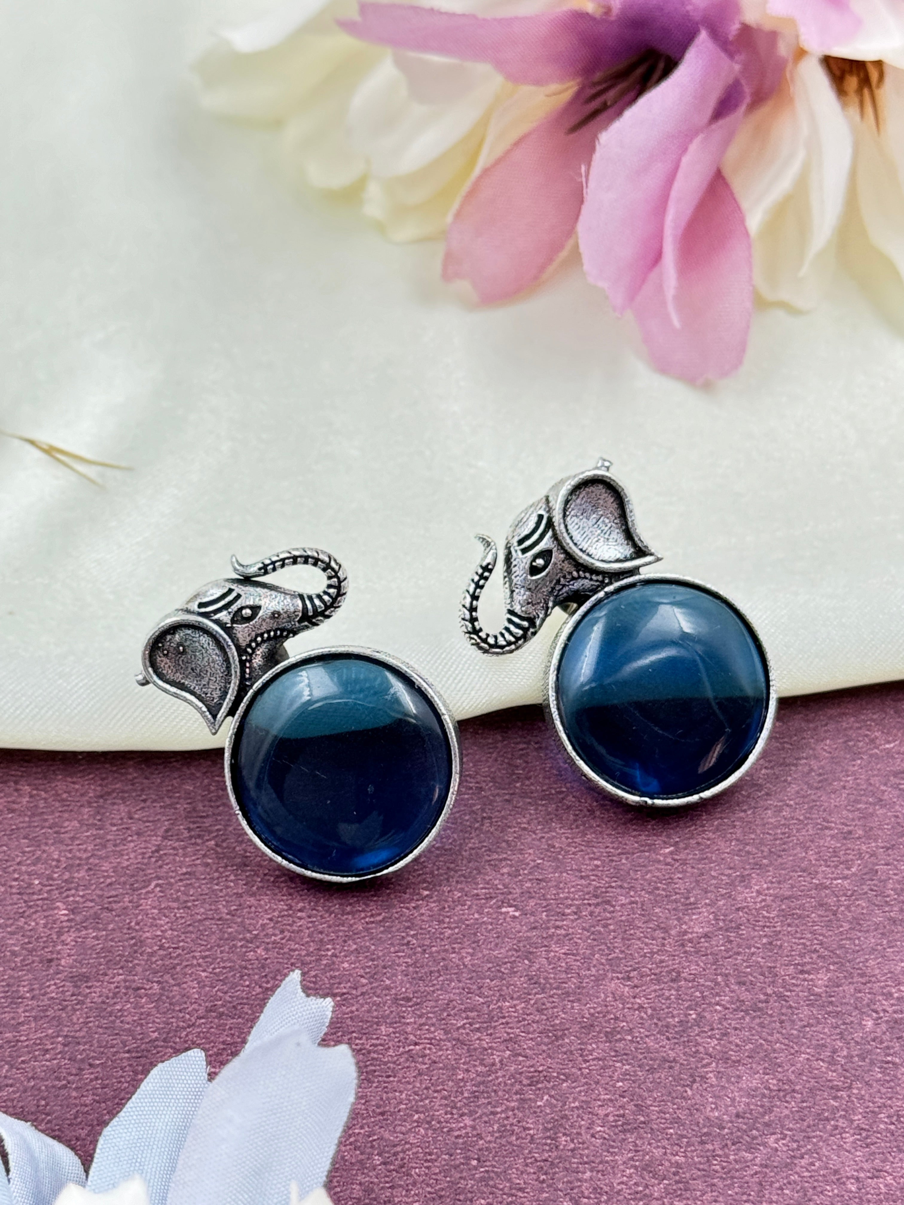 oxidised earrings, oxidized studs, hoops, studs, tops, elephant earrings, blue stone earrings, light blue kundan