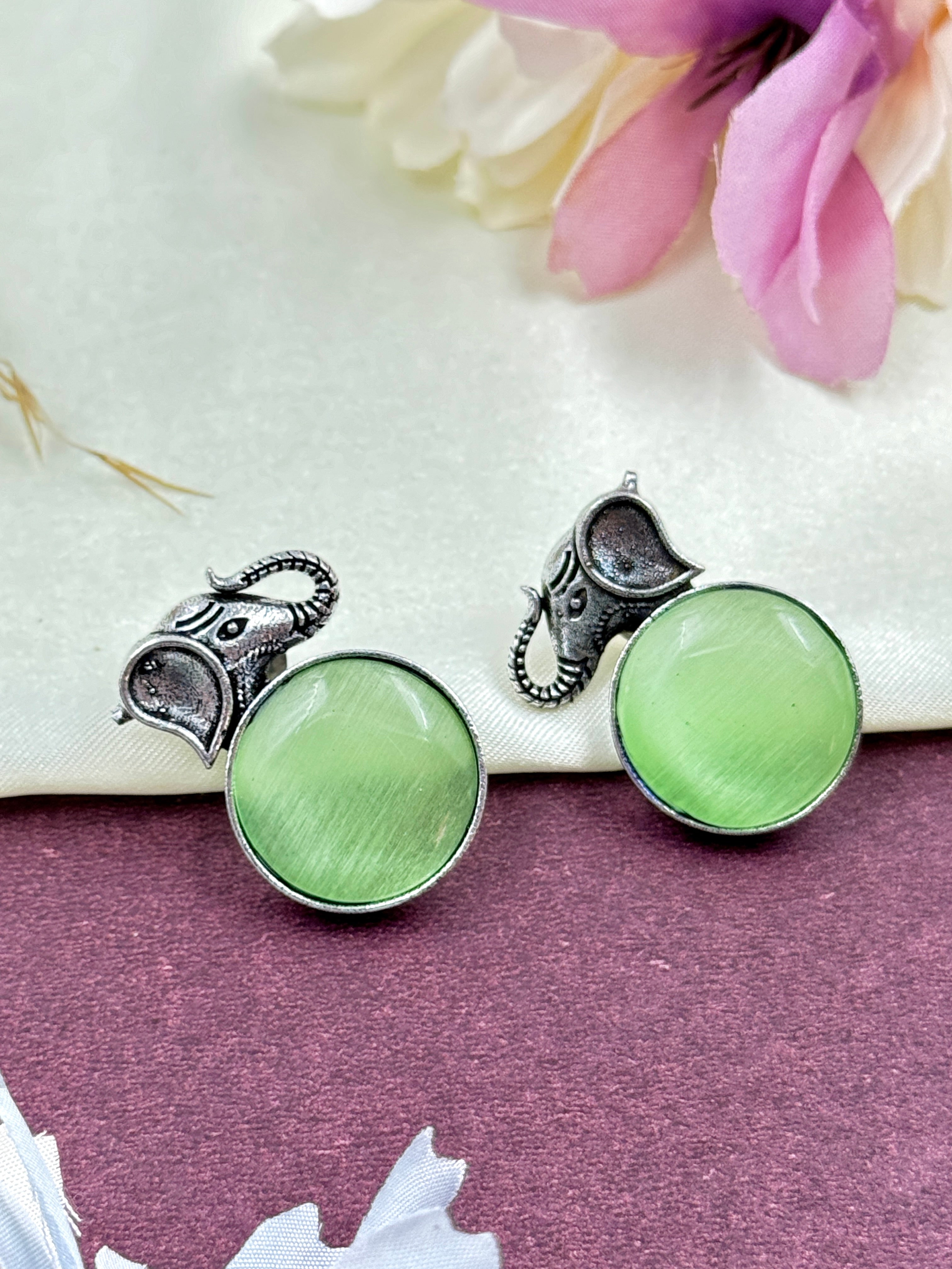 oxidised earrings, oxidized studs, hoops, studs, tops, elephant earrings, light green stone earrings, light green kundan