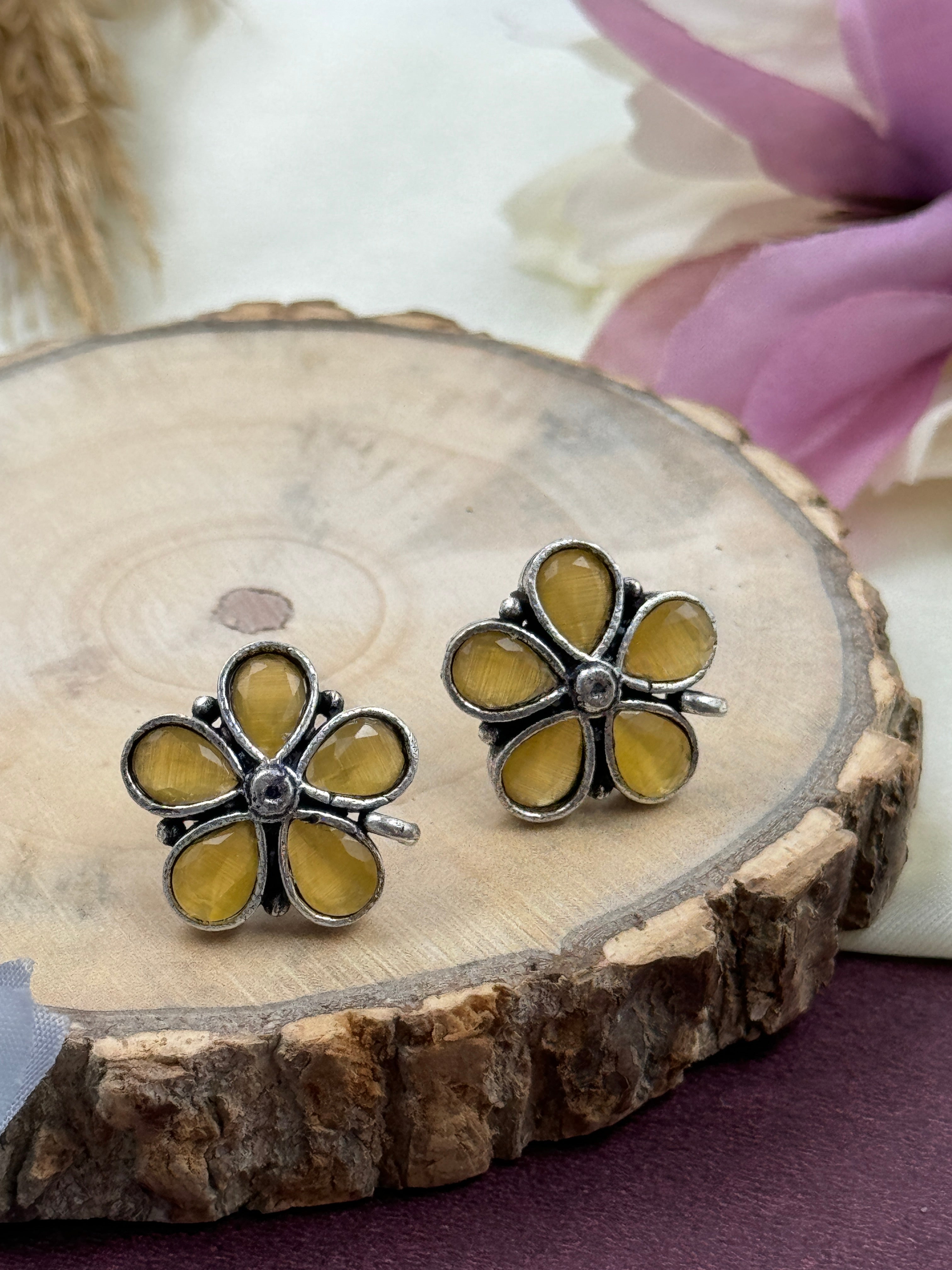 oxidised earrings, xidized earrings, studs, hoops, tpos, flower earrings, yellow stone earrings, yellow kundan