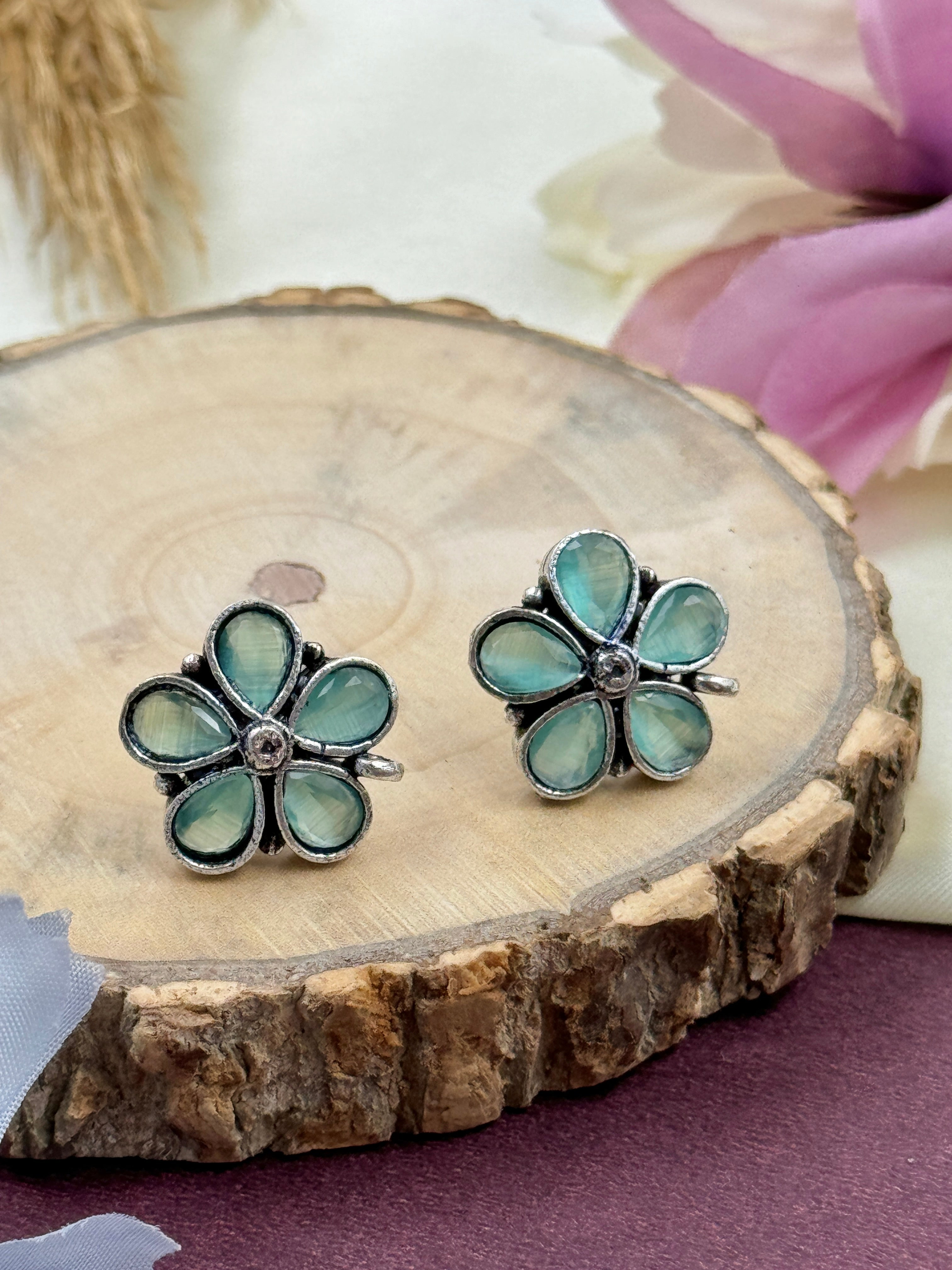 oxidised earrings, xidized earrings, studs, hoops, tpos, flower earrings, light blue stone earrings, light blue kundan