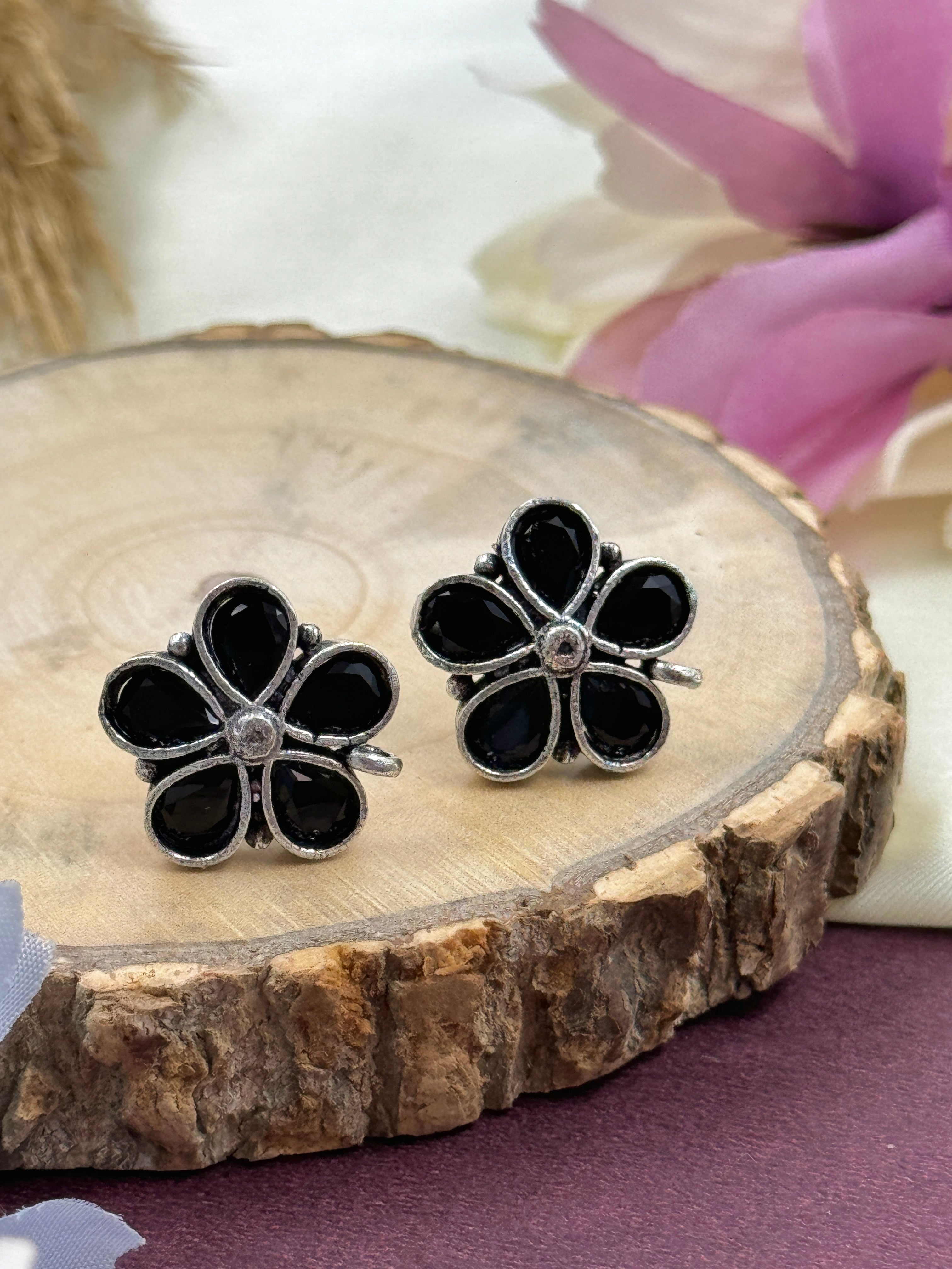 oxidised earrings, xidized earrings, studs, hoops, tpos, flower earrings, black stone earrings, black kundan