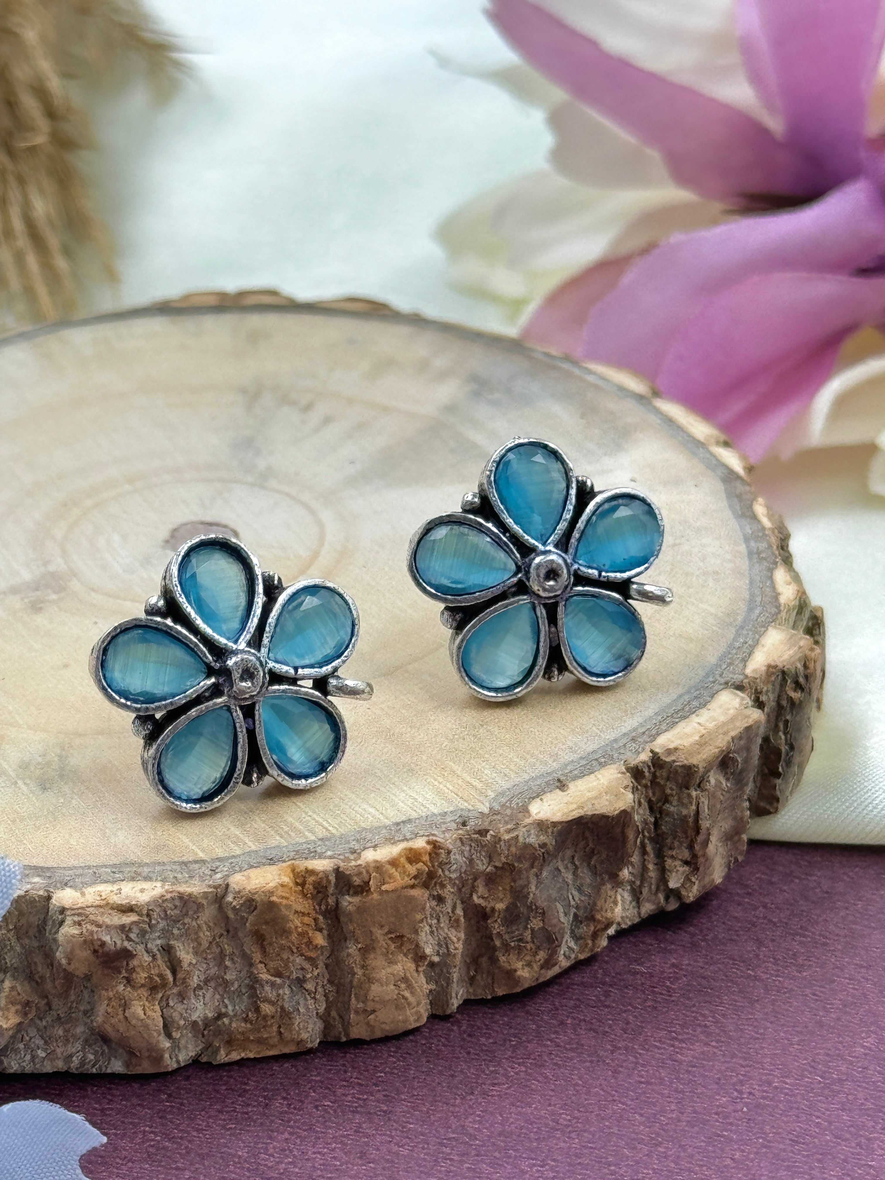 oxidised earrings, xidized earrings, studs, hoops, tpos, flower earrings, light blue stone earrings, blue kundan