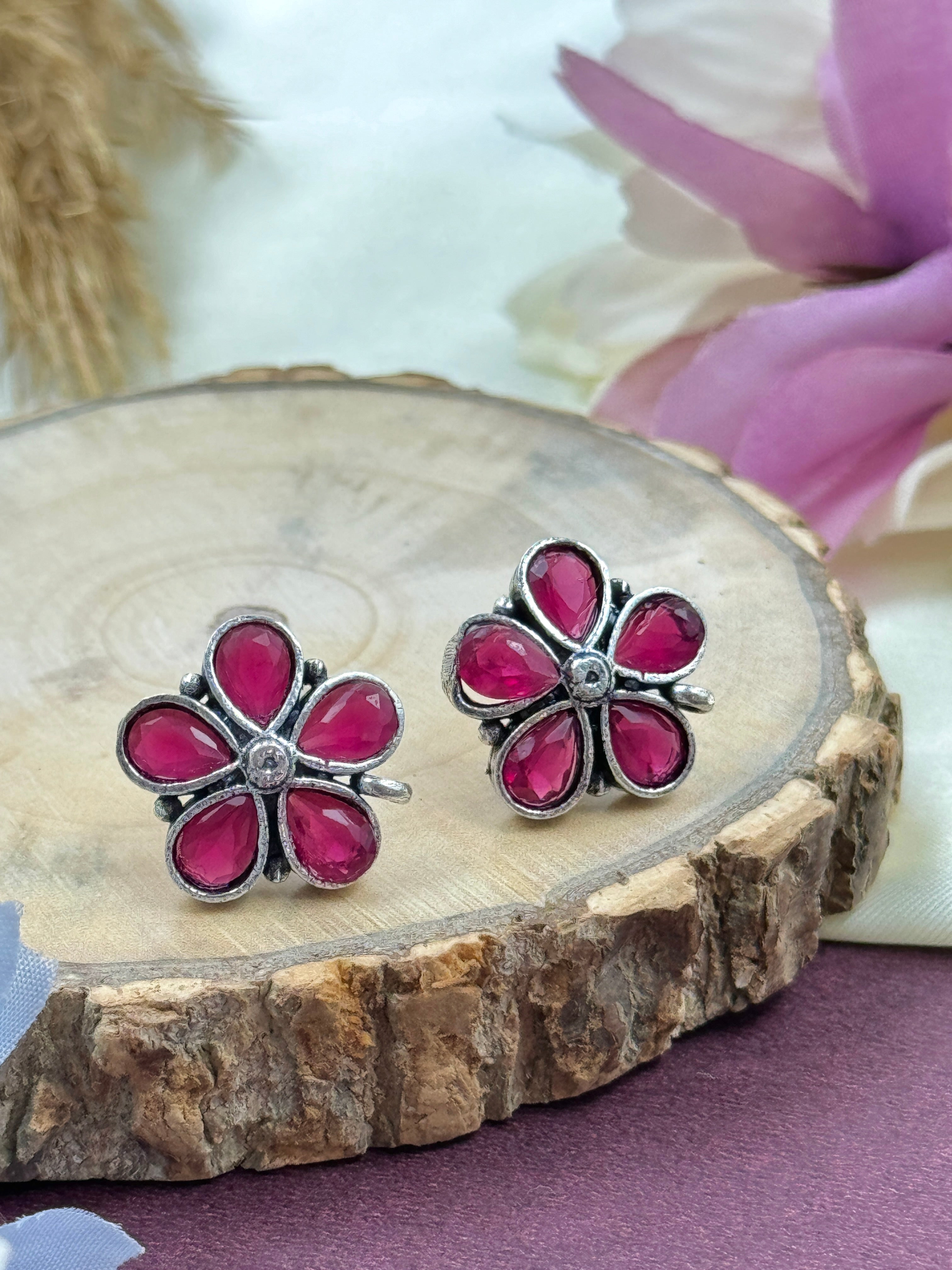 oxidised earrings, oxidized earrings, studs, hoops, tpos, flower earrings, red stone earrings, red kundan