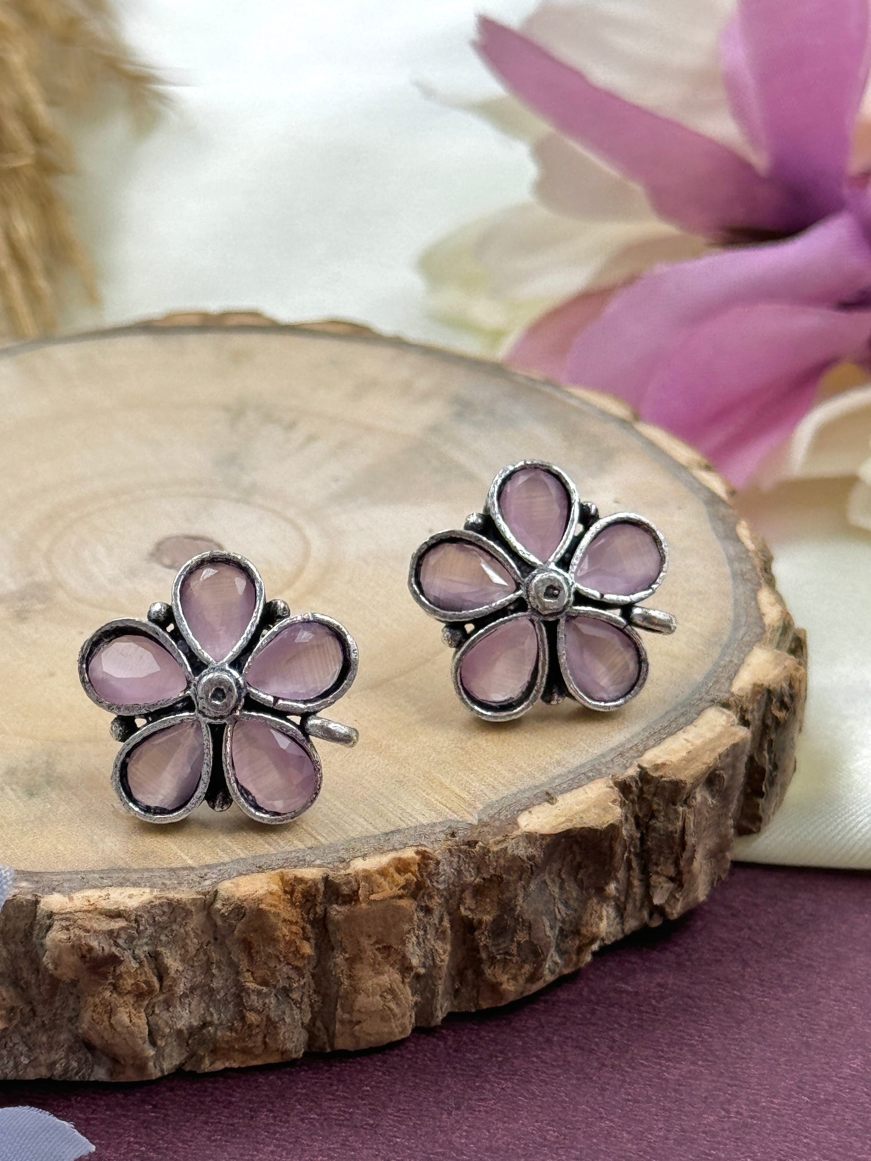 oxidised earrings, oxidized earrings, studs, hoops, tpos, flower earrings, light pink stone earrings, pink kundan