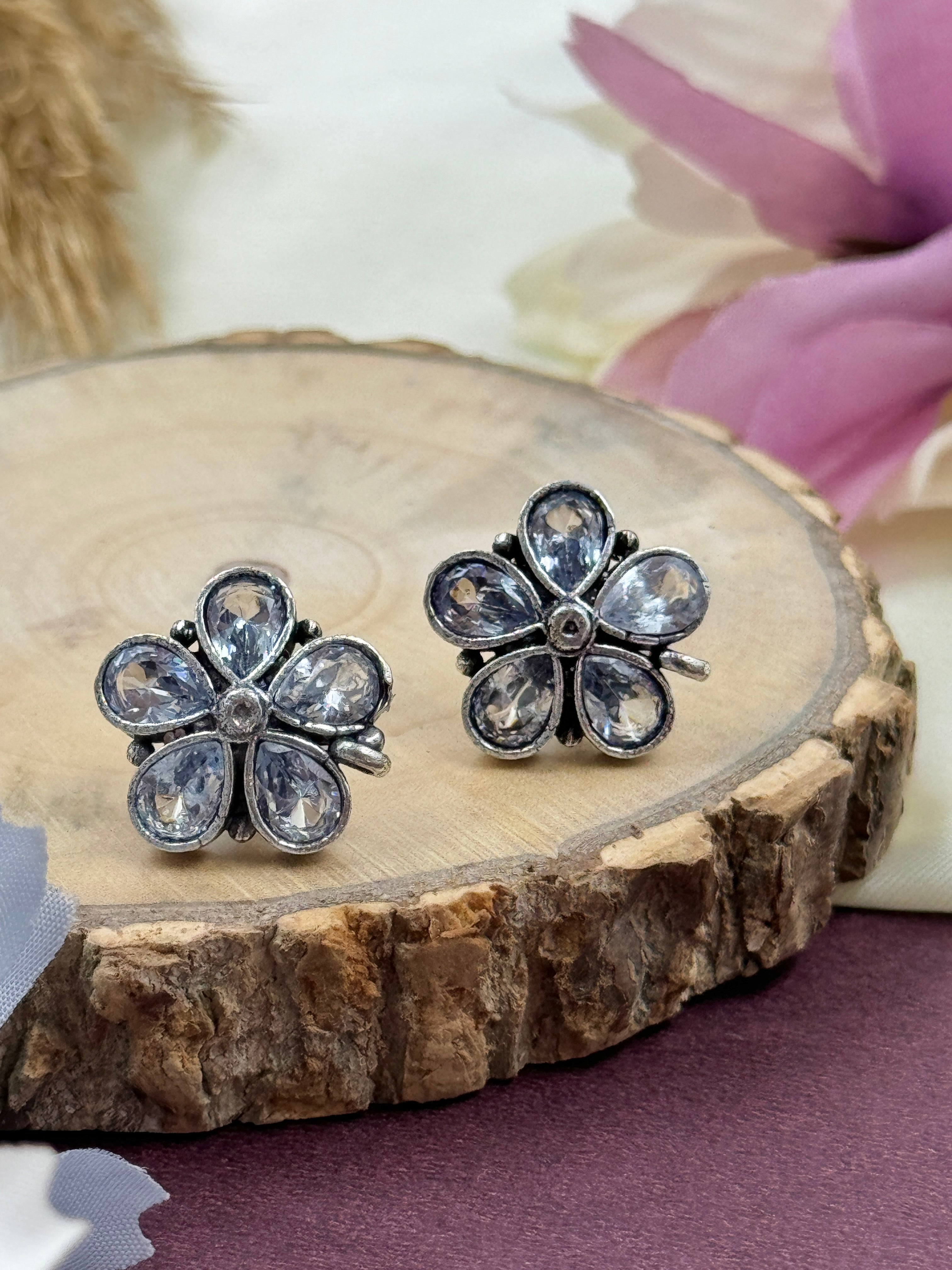 oxidised earrings, xidized earrings, studs, hoops, tpos, flower earrings, white stone earrings, white kundan