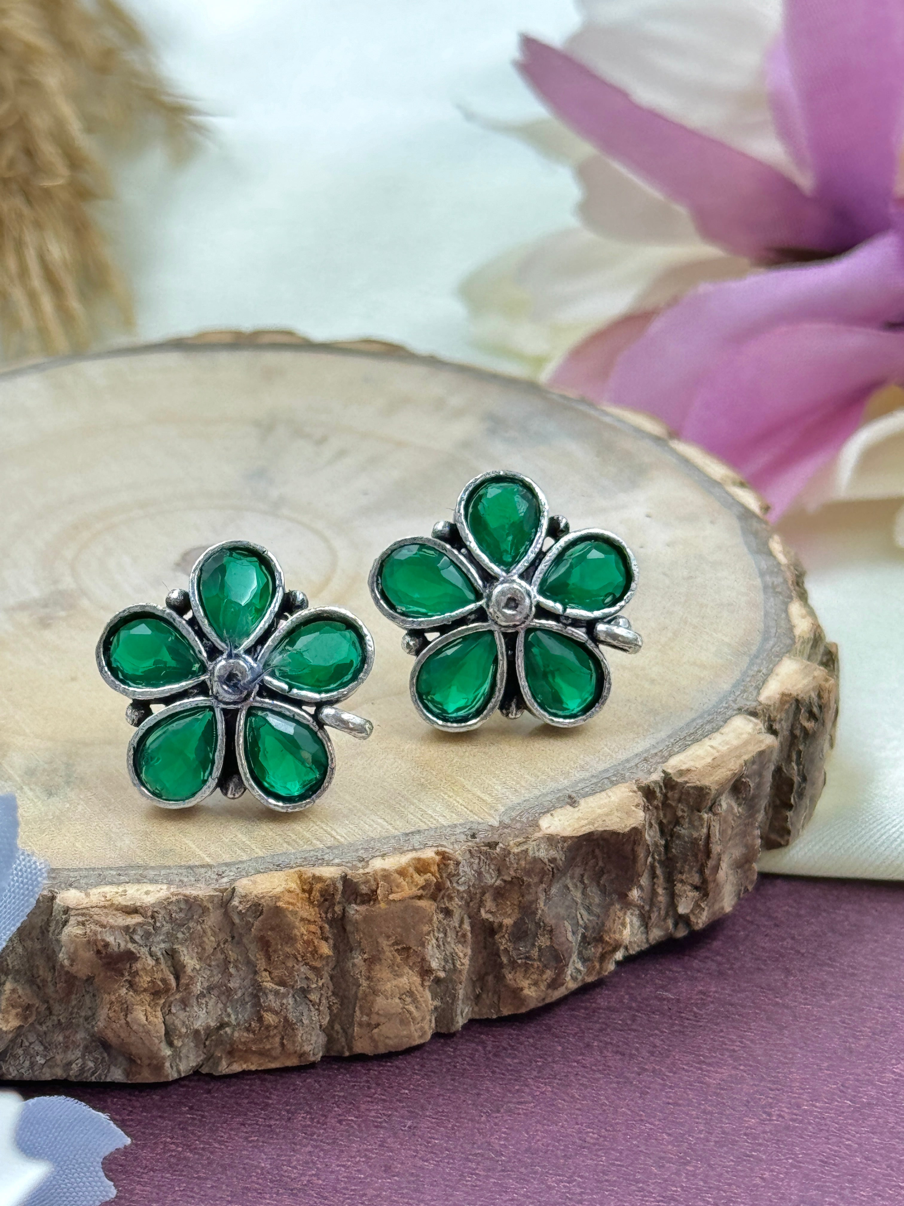 oxidised earrings, oxidized earrings, studs, hoops, tpos, flower earrings, green stone earrings, green kundan