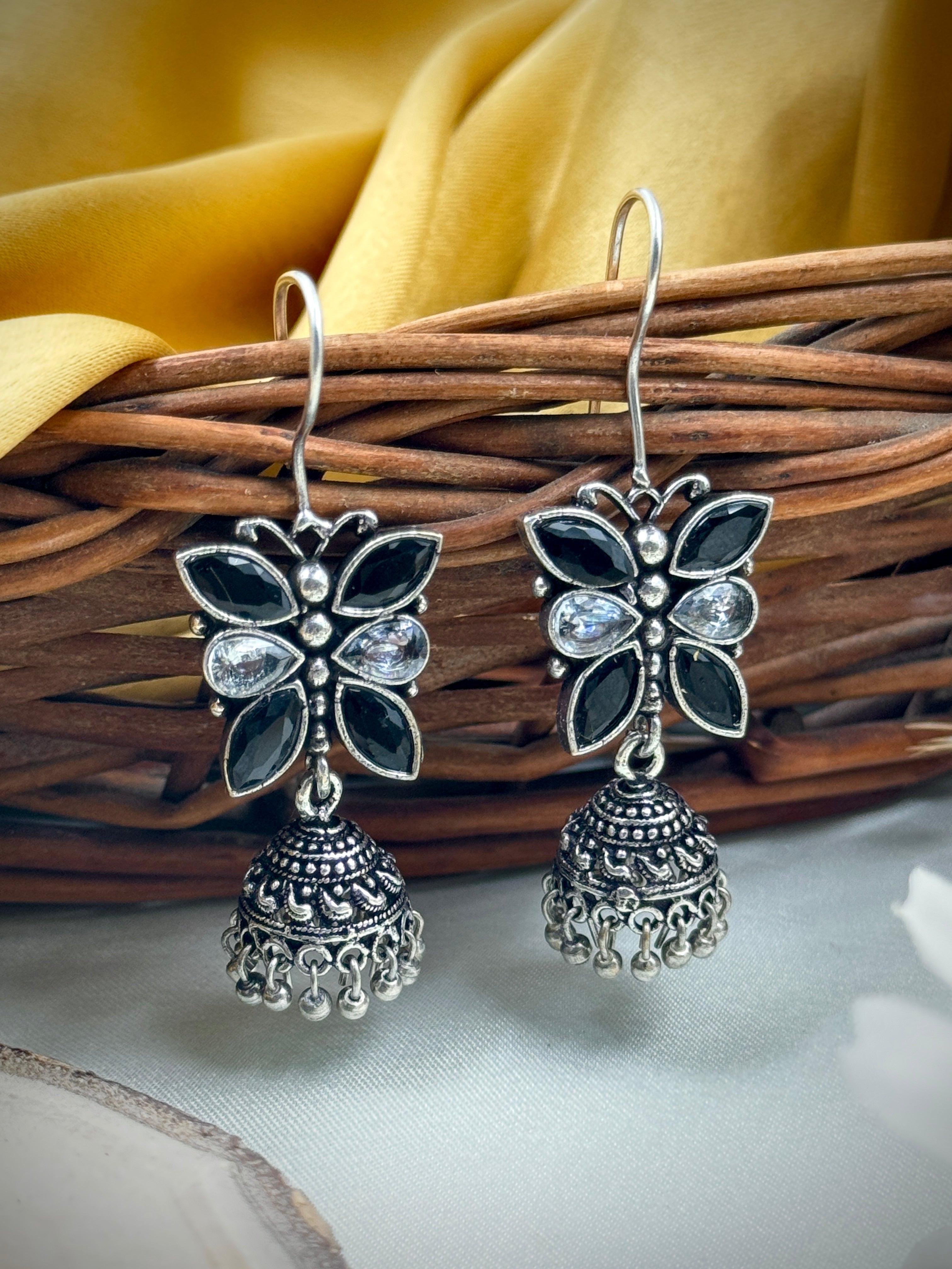 oxidised earrings, oxidized earrings, butterfly earrings, studs, hoops, tops, black and white earrings, kundan, monalisa stones, black and white studs