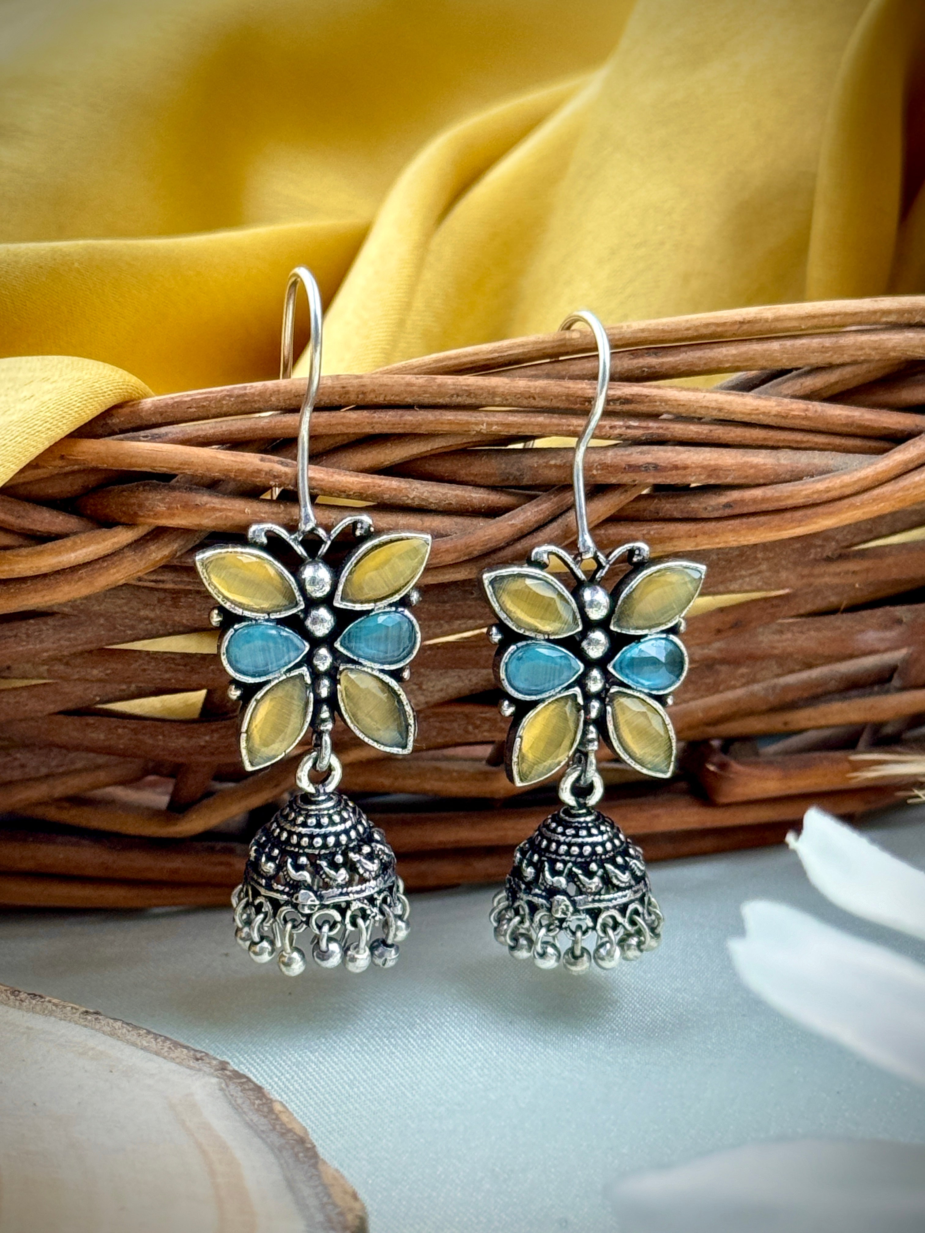 oxidised earrings, oxidized earrings, butterfly earrings, studs, hoops, tops, black and white earrings, kundan, monalisa stones, yellow and blue studs